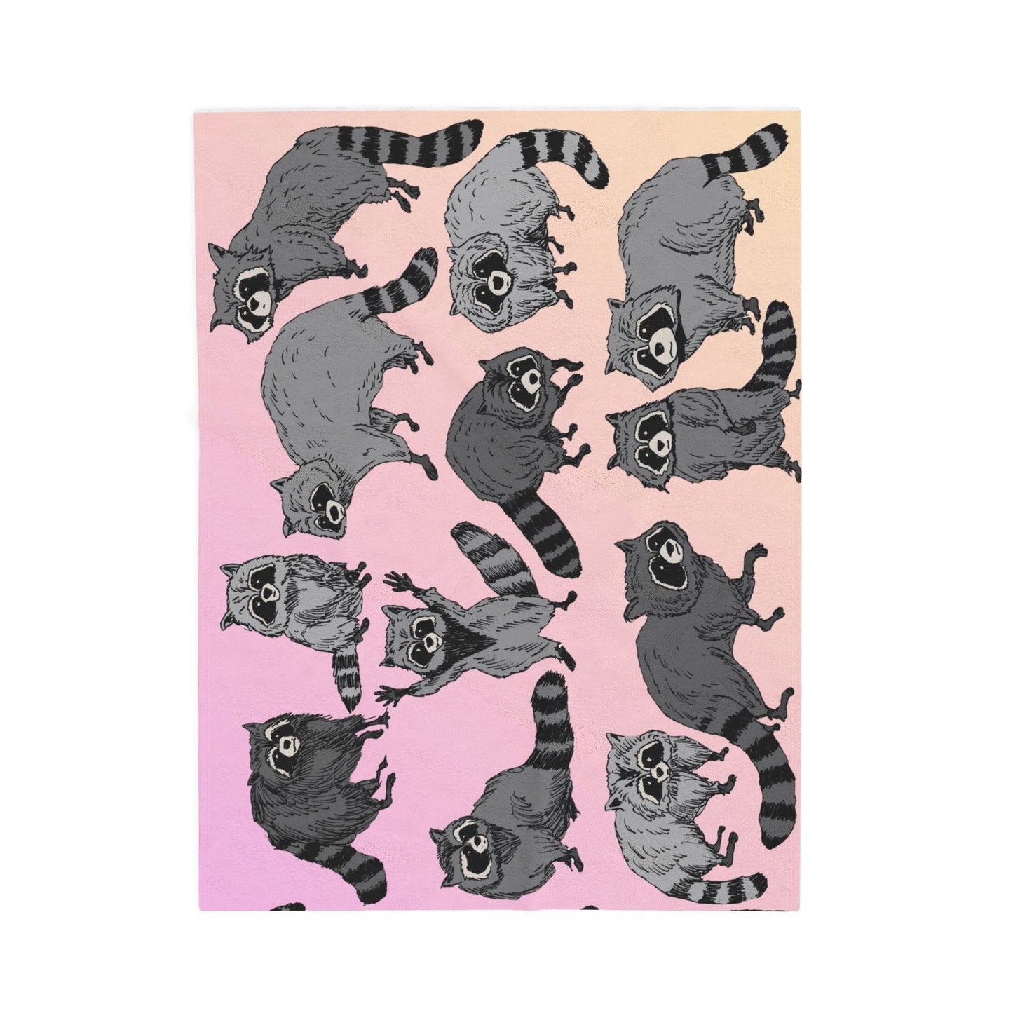 Raccoon Pattern Velveteen Plush Blanket — Soft Pink Ombre Cozy Throw for Animal Lovers