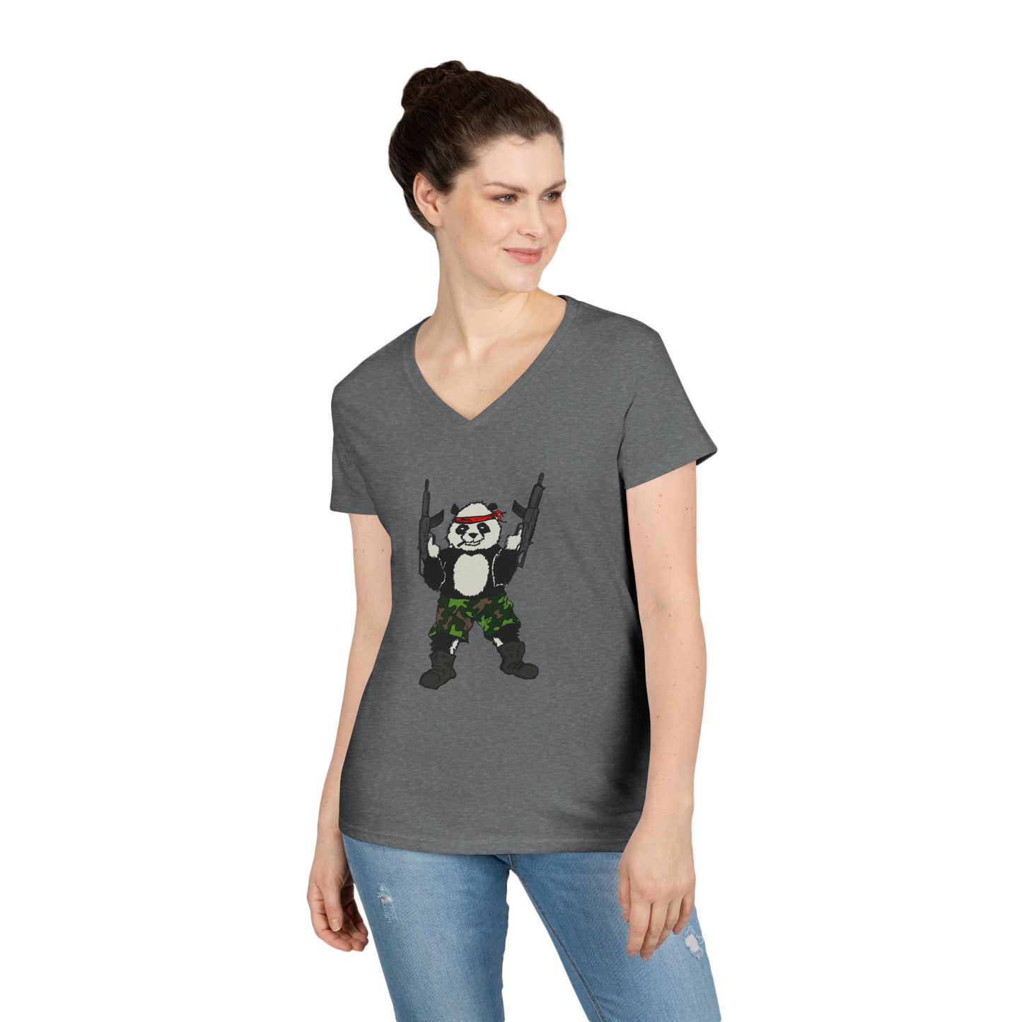 Ladies' V-Neck T-Shirt - Cool Panda with Guns Graphic Tee
