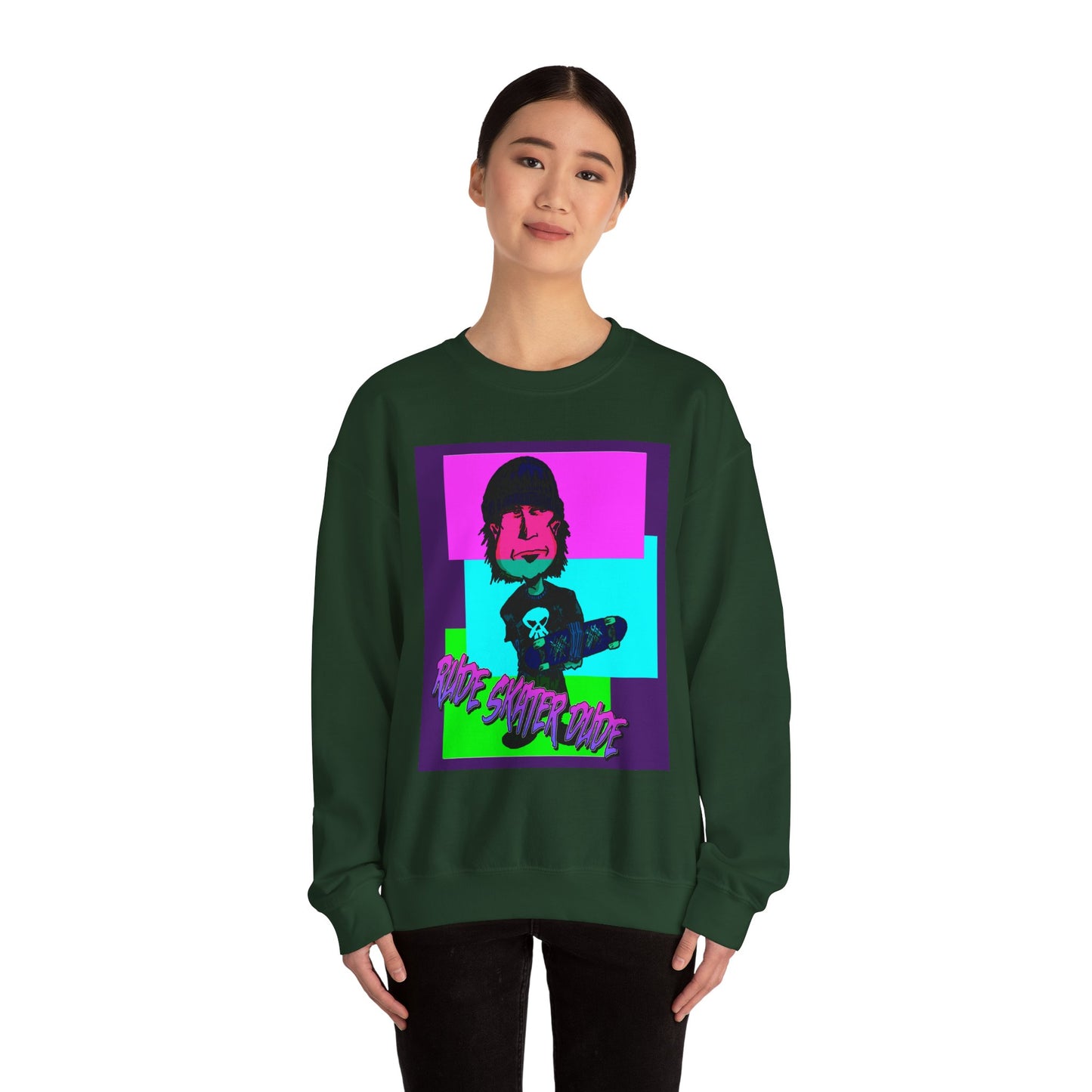 Crewneck Sweatshirt — Retro Neon Skate Punk "Rude Skater Dude" Graphic