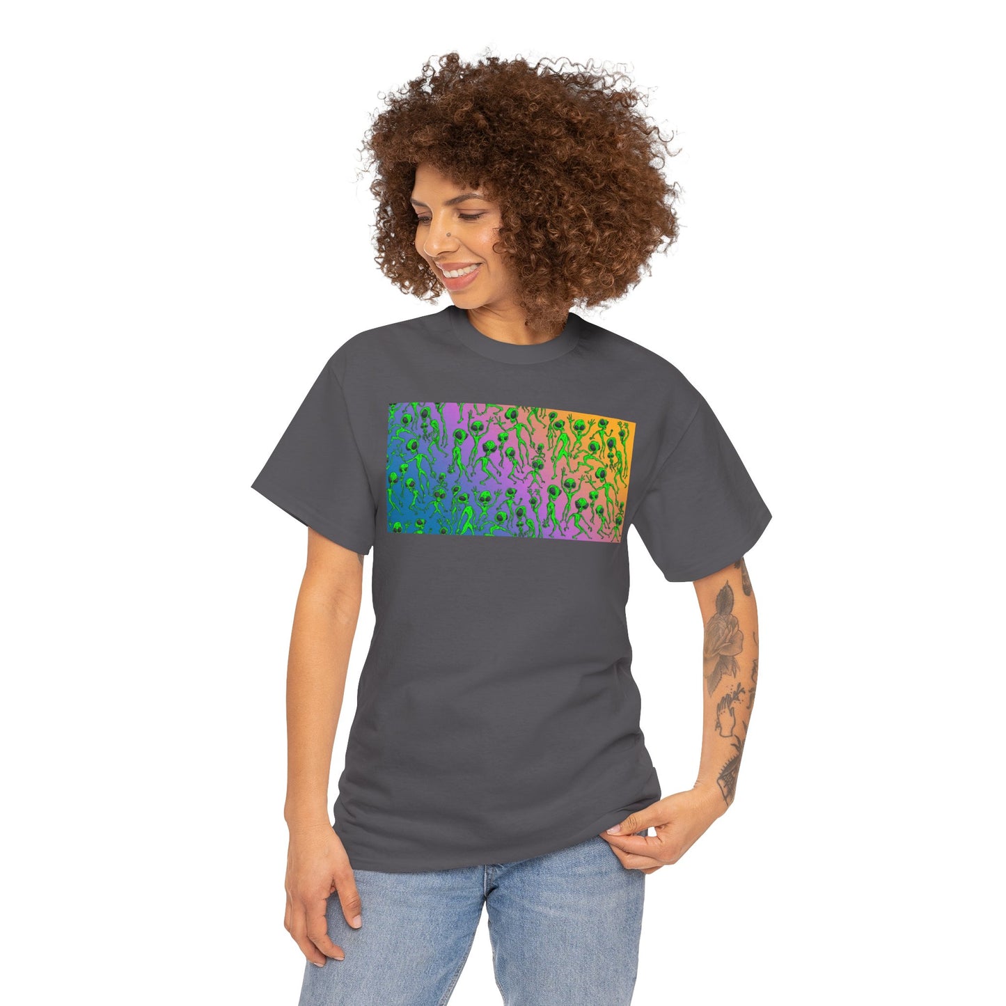 Alien Dance Party Gradient Tee — Colorful Psychedelic Green Aliens Art T-Shirt