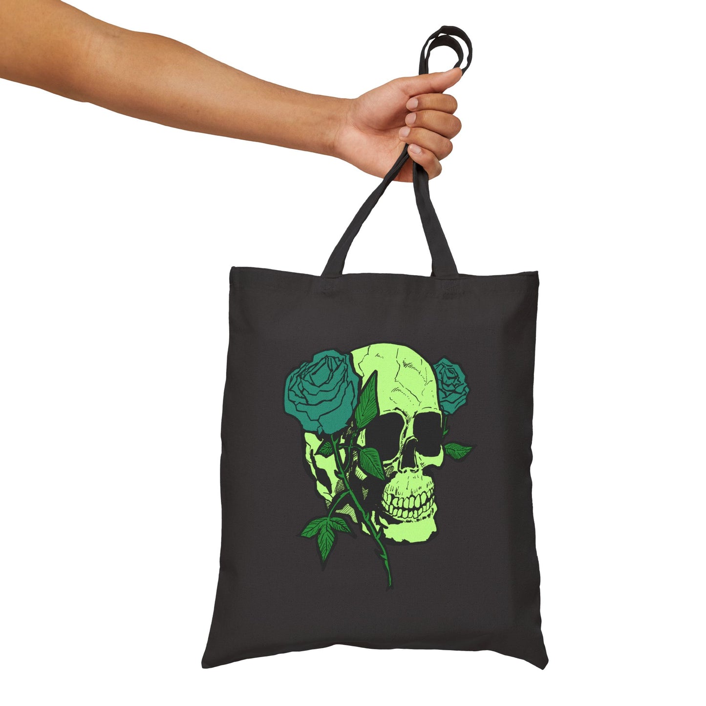 Green Skull & Roses Cotton Canvas Tote — Gothic Floral Reusable Bag