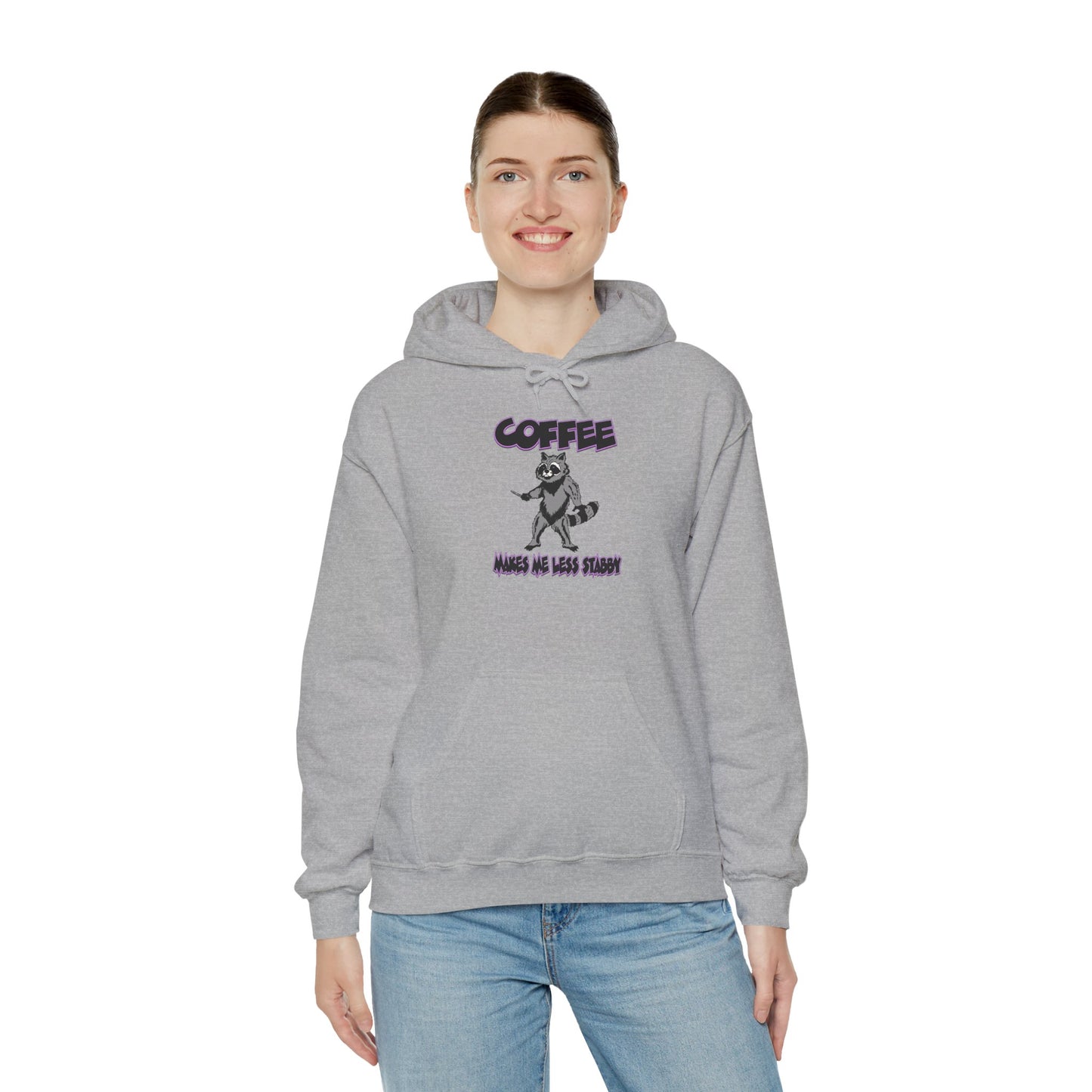 Coffee Makes Me Less Stabby Themed Unisex Hoodie with Fun Raccoon Design, Perfect for Coffee Lovers, Gift for Birthdays, Chill Days, Cozy Sweater
