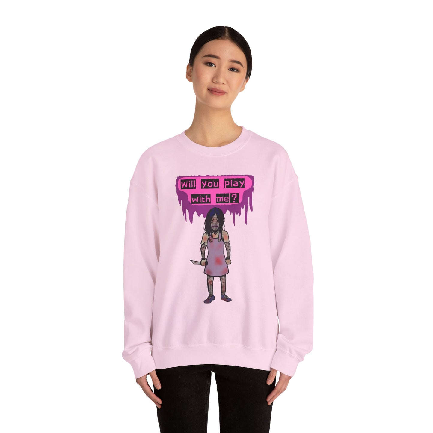 Evil Doll GHOSTLY VINTAGE UNISEX CREWNECK SWEATSHIRT - "Will You Play With Me?"