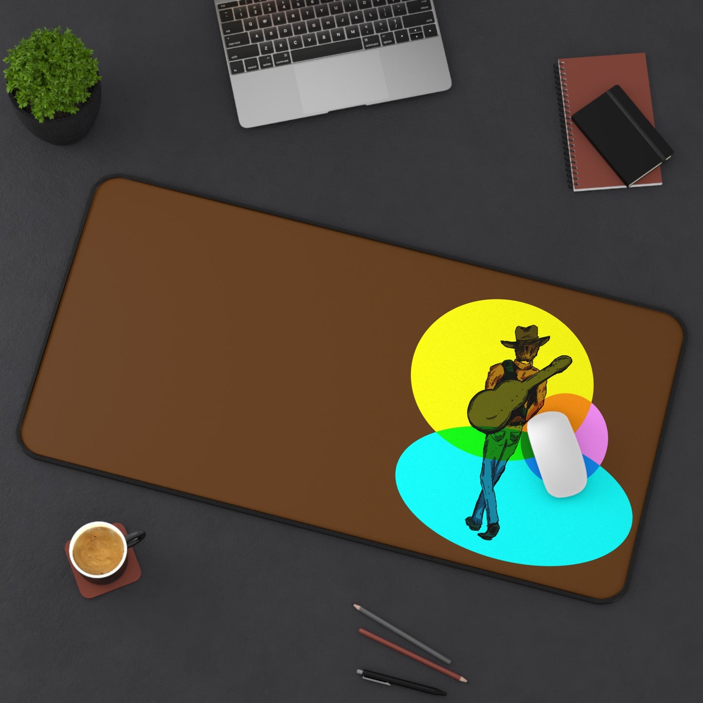 Cowboy Guitarist Vibes Desk Mat — Brown Musician Desk Pad with Colorful Spotlight Art