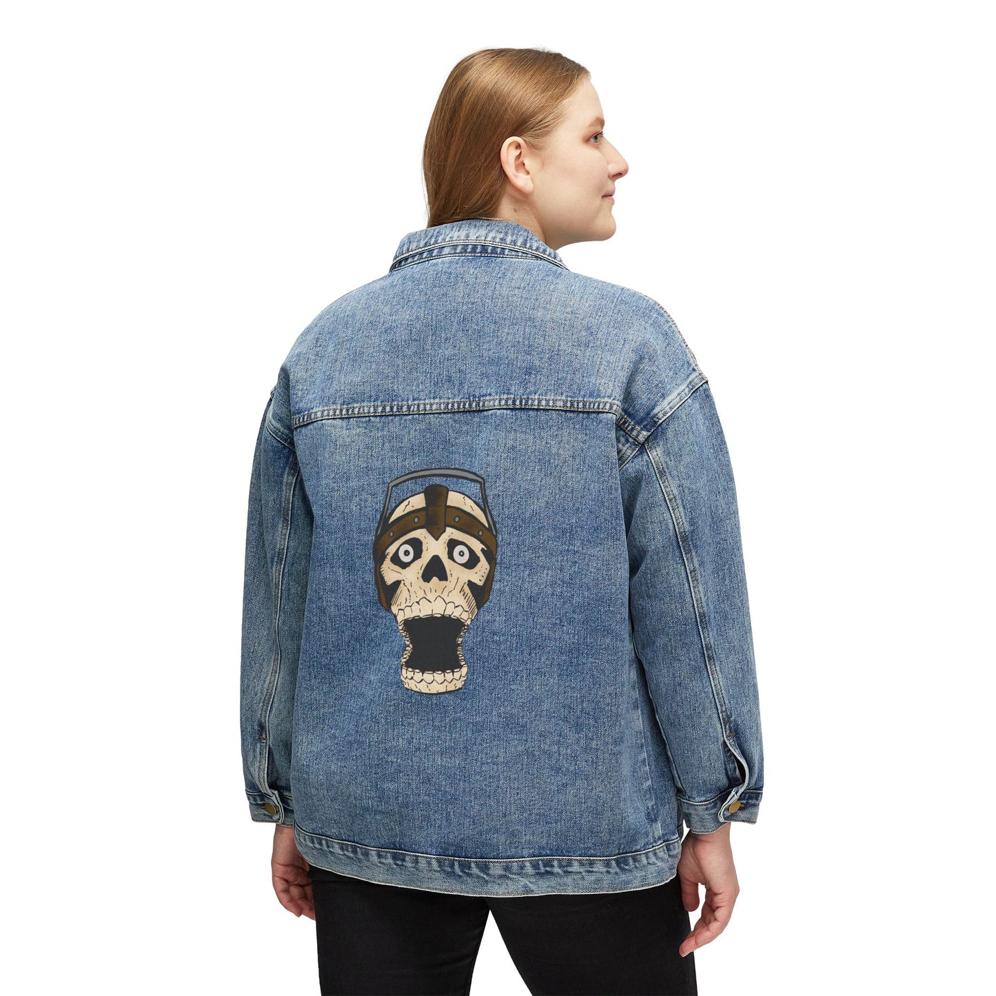 Women's Denim Jacket with Retro Screaming Skull Patch - Vintage Rocker Oversized Jean Jacket