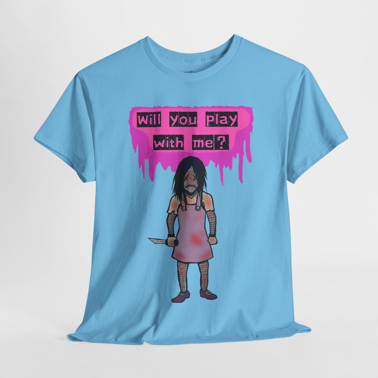 Playful Evil Doll Horror Graphic Tee, Unisex Heavy Cotton Shirt, Casual Wear, Unique Gift, Halloween Costume, Quirky Fashion