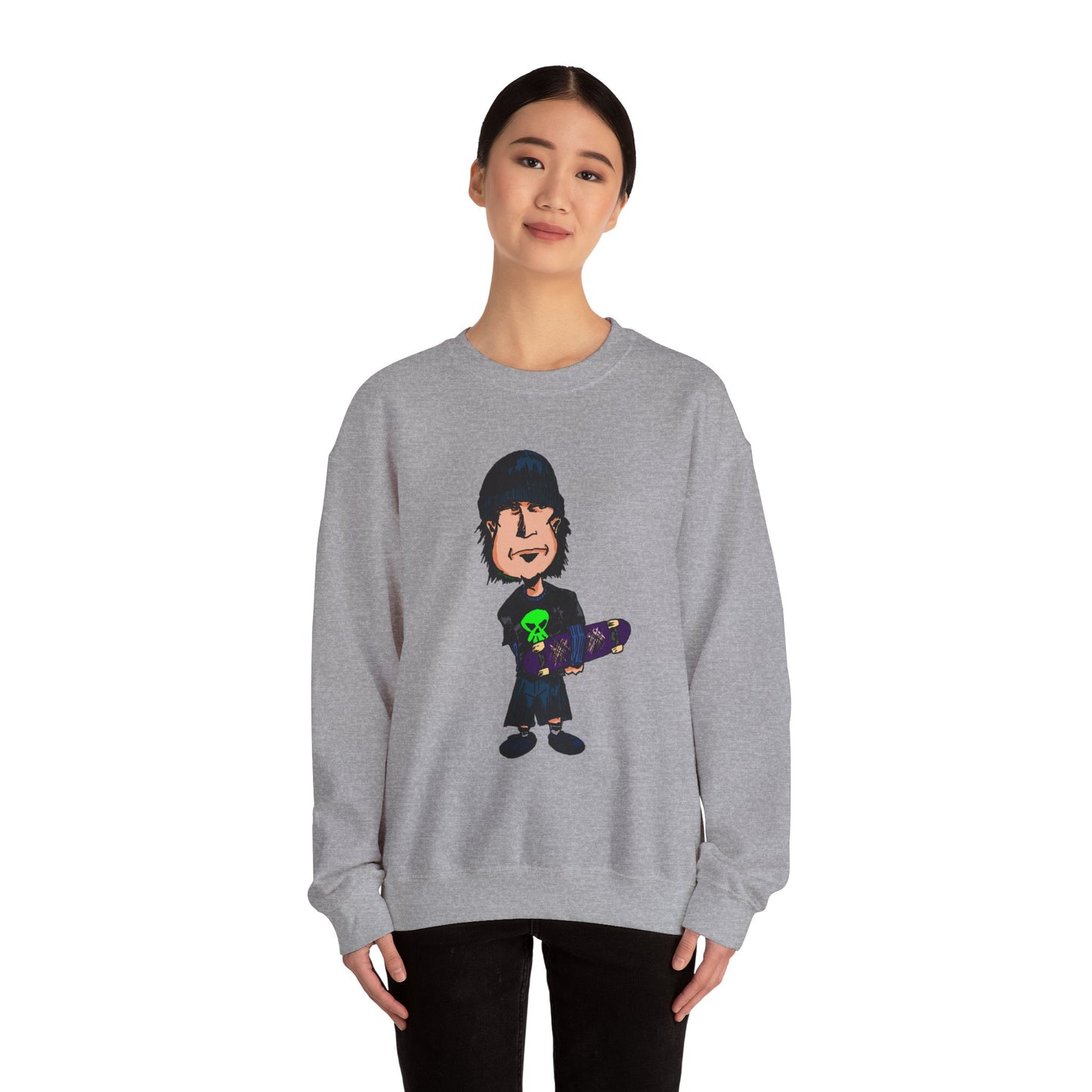 Rude Skater Dude - Cartoon Skate Punk Crewneck Sweatshirt — Retro Skateboard Character Graphic