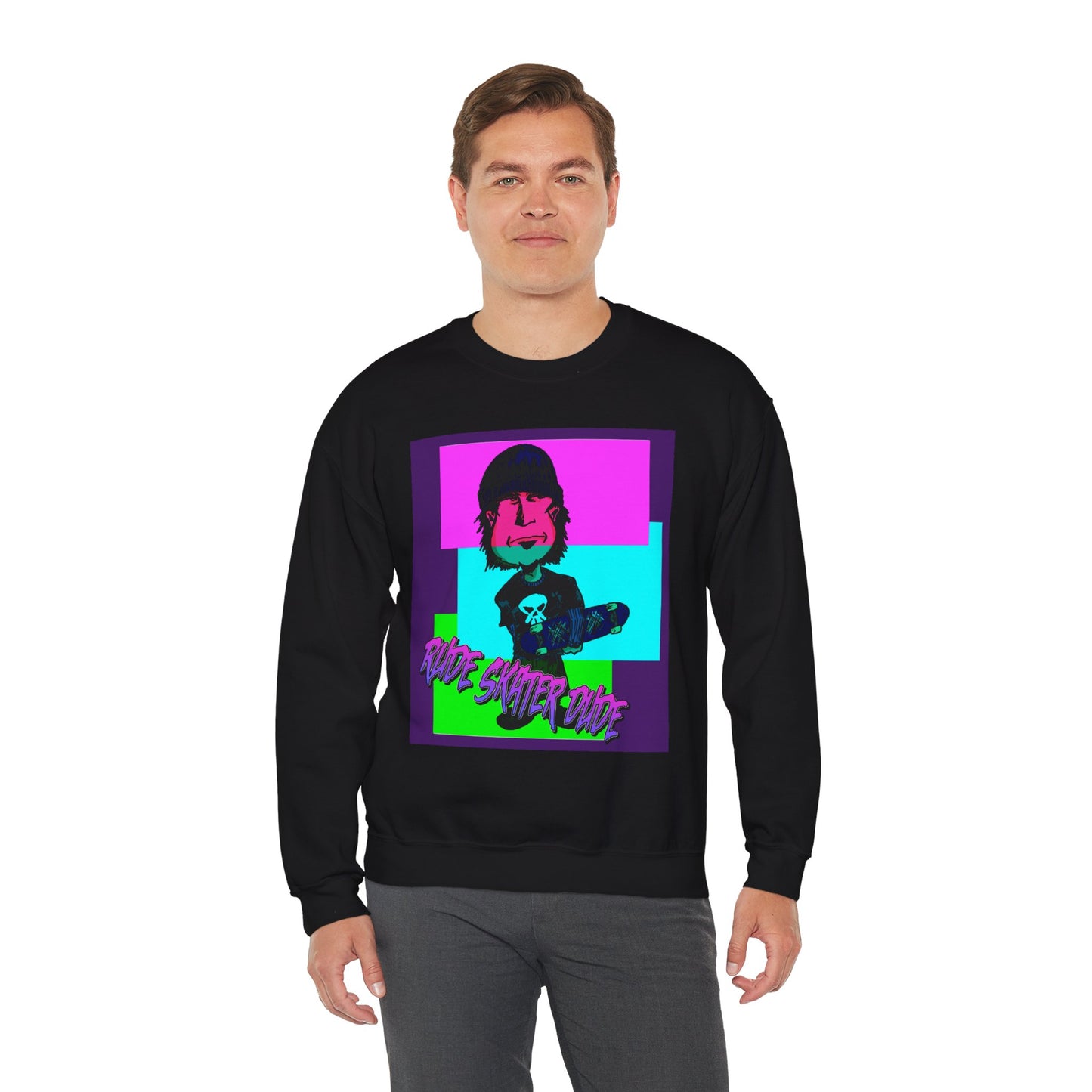 Crewneck Sweatshirt — Retro Neon Skate Punk "Rude Skater Dude" Graphic
