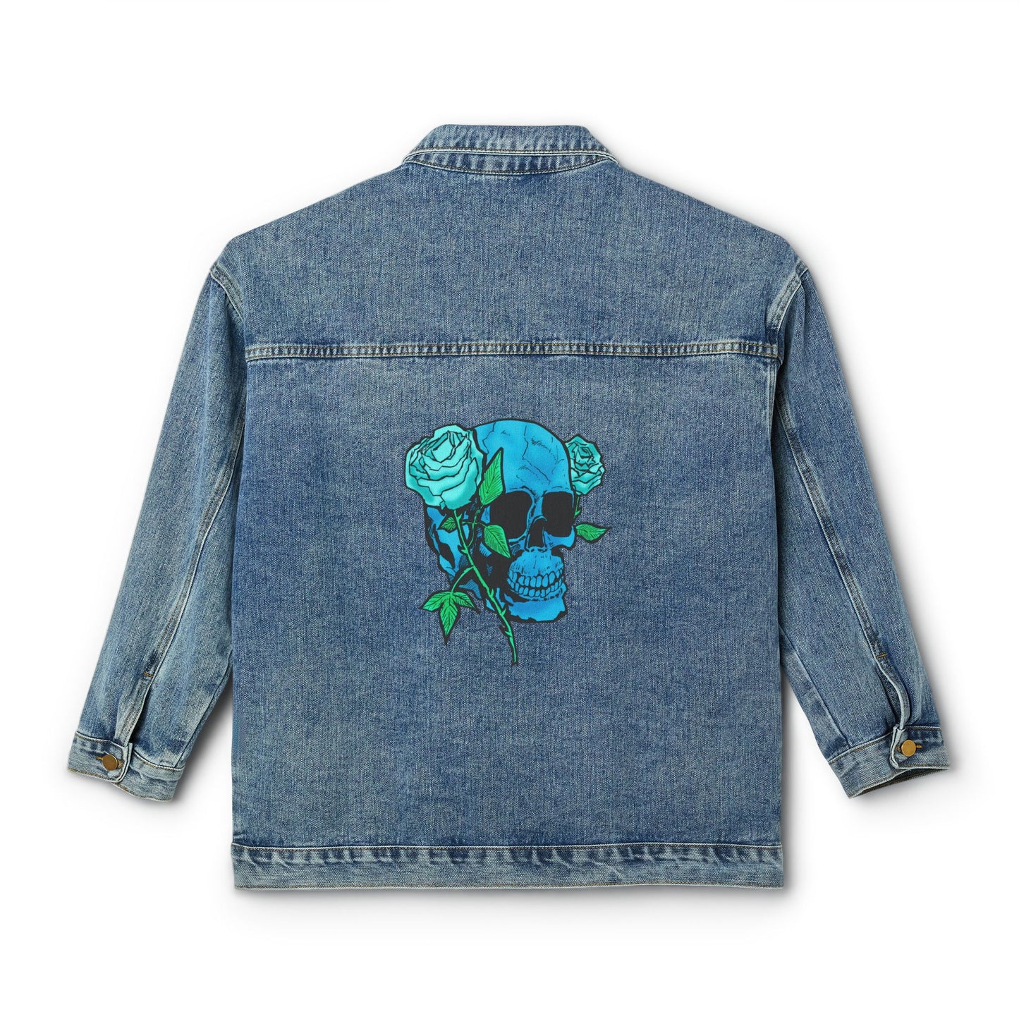 Women's Denim Jacket with Blue Skull & Rose Back Graphic