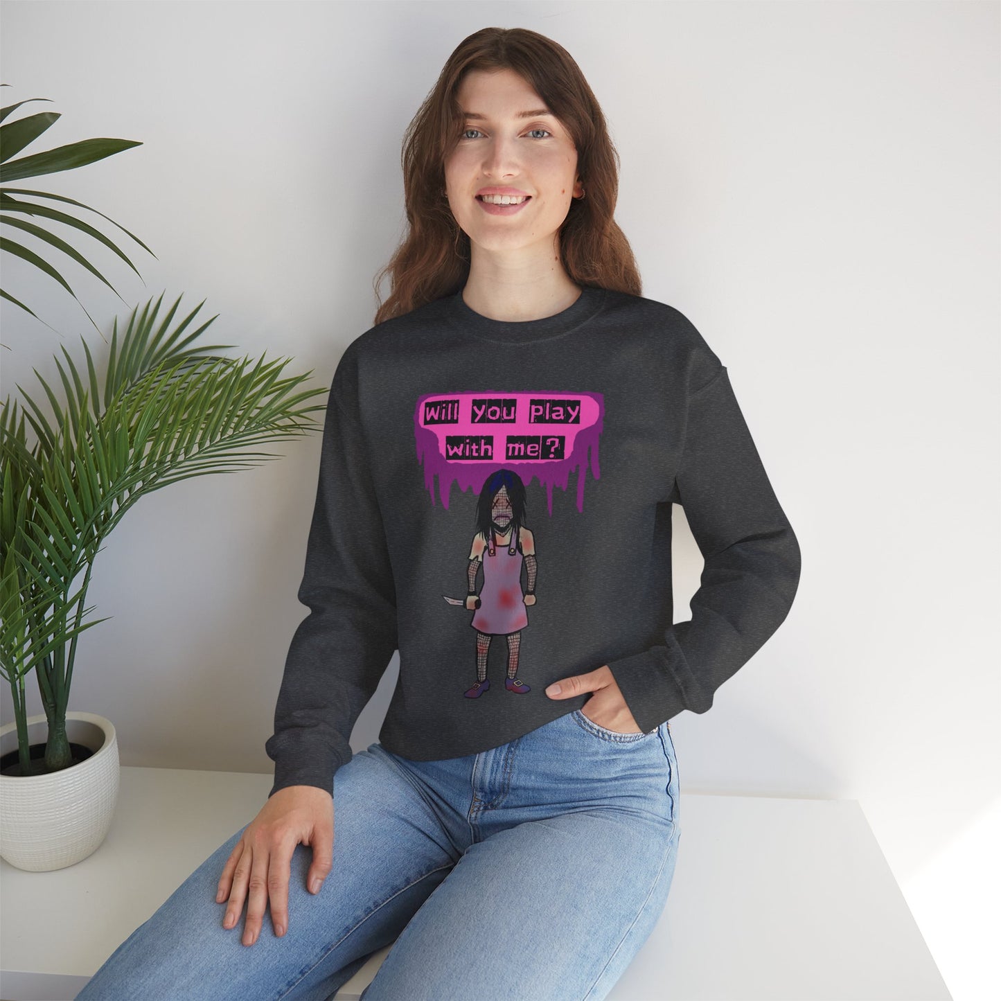 Evil Doll GHOSTLY VINTAGE UNISEX CREWNECK SWEATSHIRT - "Will You Play With Me?"