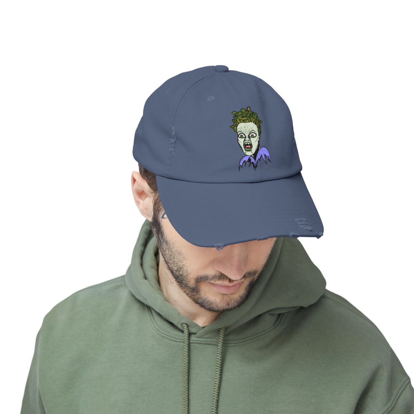 Medusa Unisex Distressed Cap with Eerie Design, Casual Hat, Halloween Accessory, Statement Cap, Gift for Horror Fans, Trendy Distressed Hat
