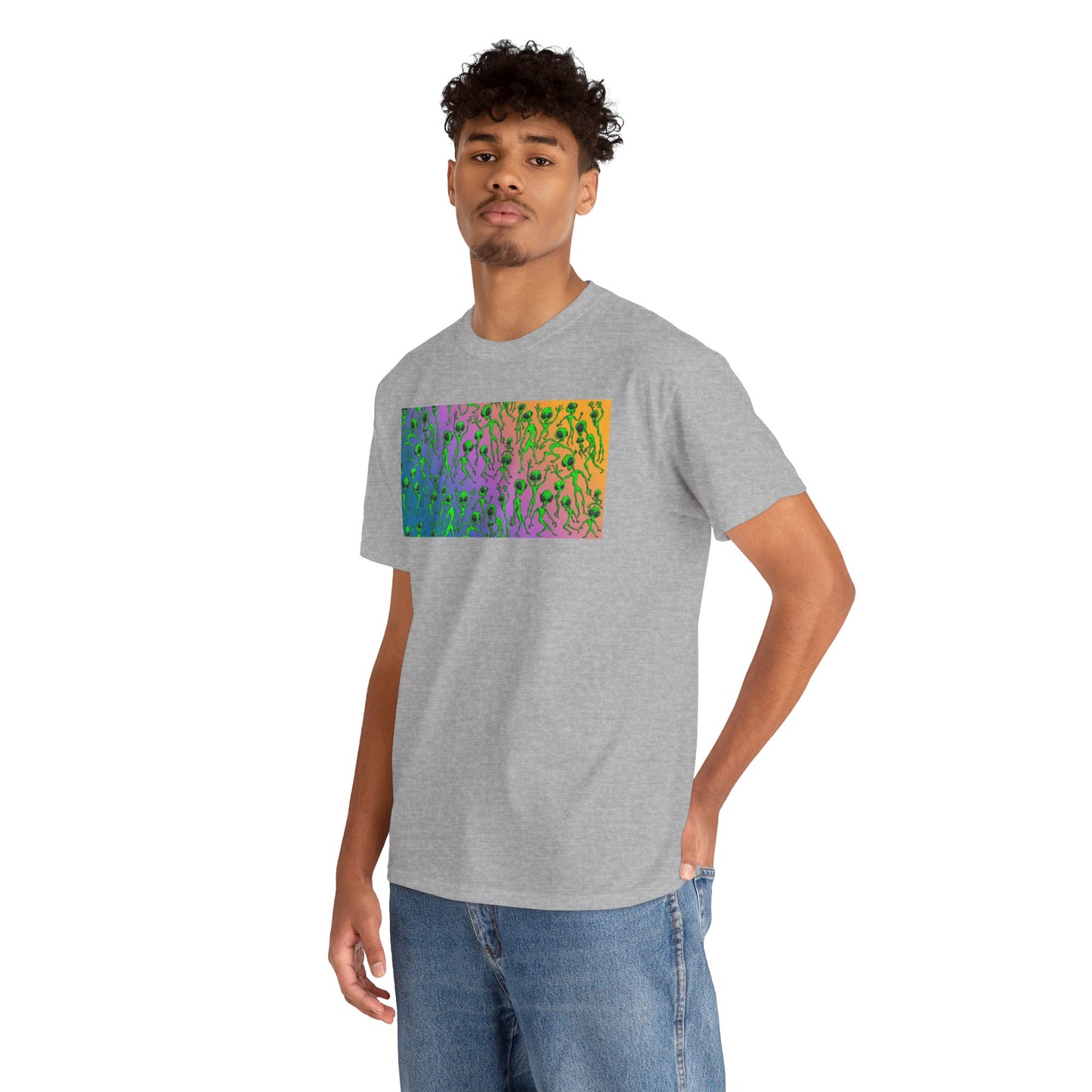 Alien Dance Party Gradient Tee — Colorful Psychedelic Green Aliens Art T-Shirt