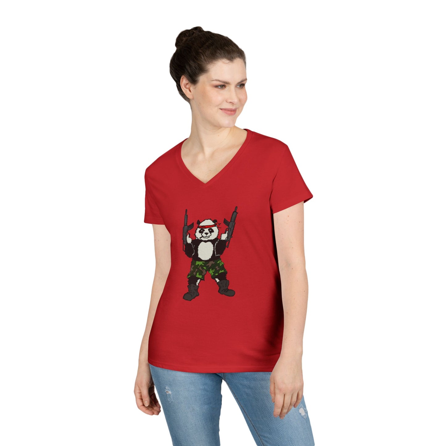 Ladies' V-Neck T-Shirt - Cool Panda with Guns Graphic Tee
