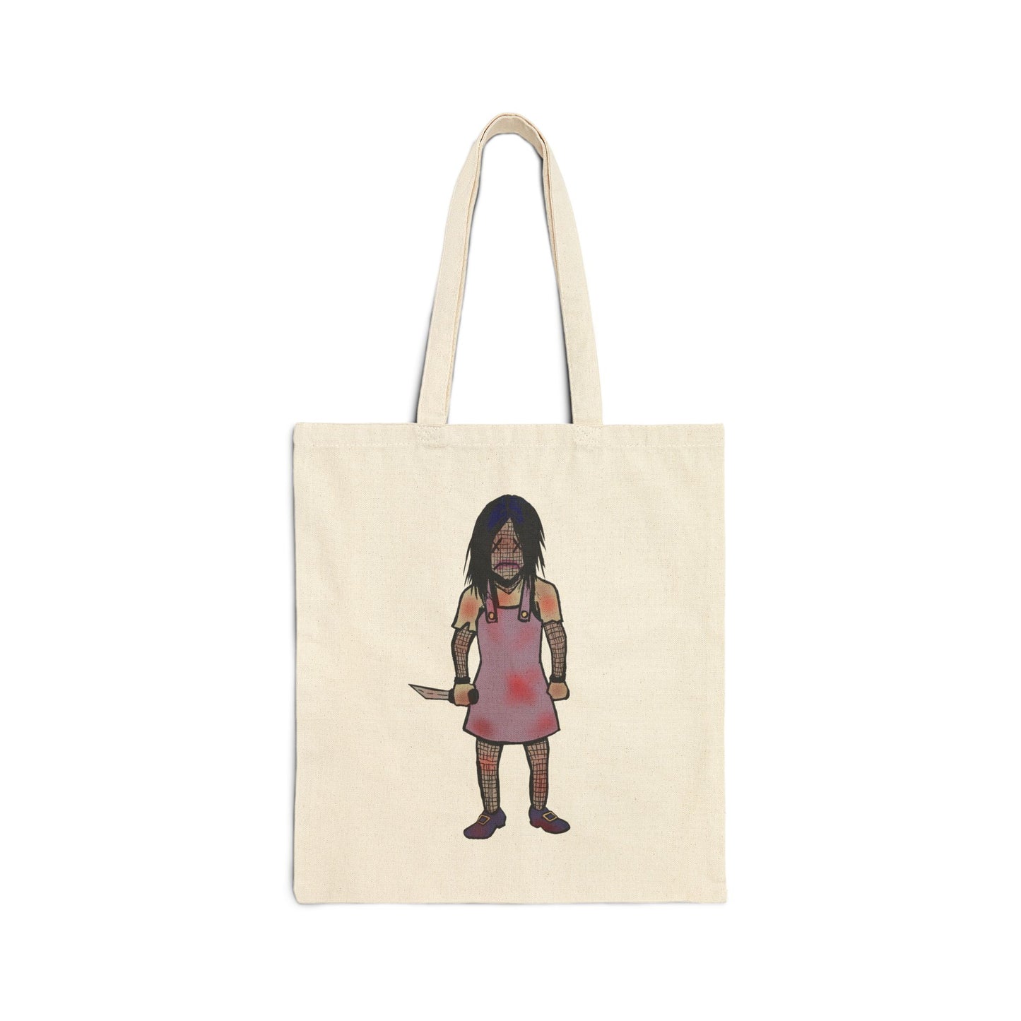 Tote Bag — Cute Grimy Creepy Girl Illustration Canvas Tote (quirky horror, everyday reusable bag)