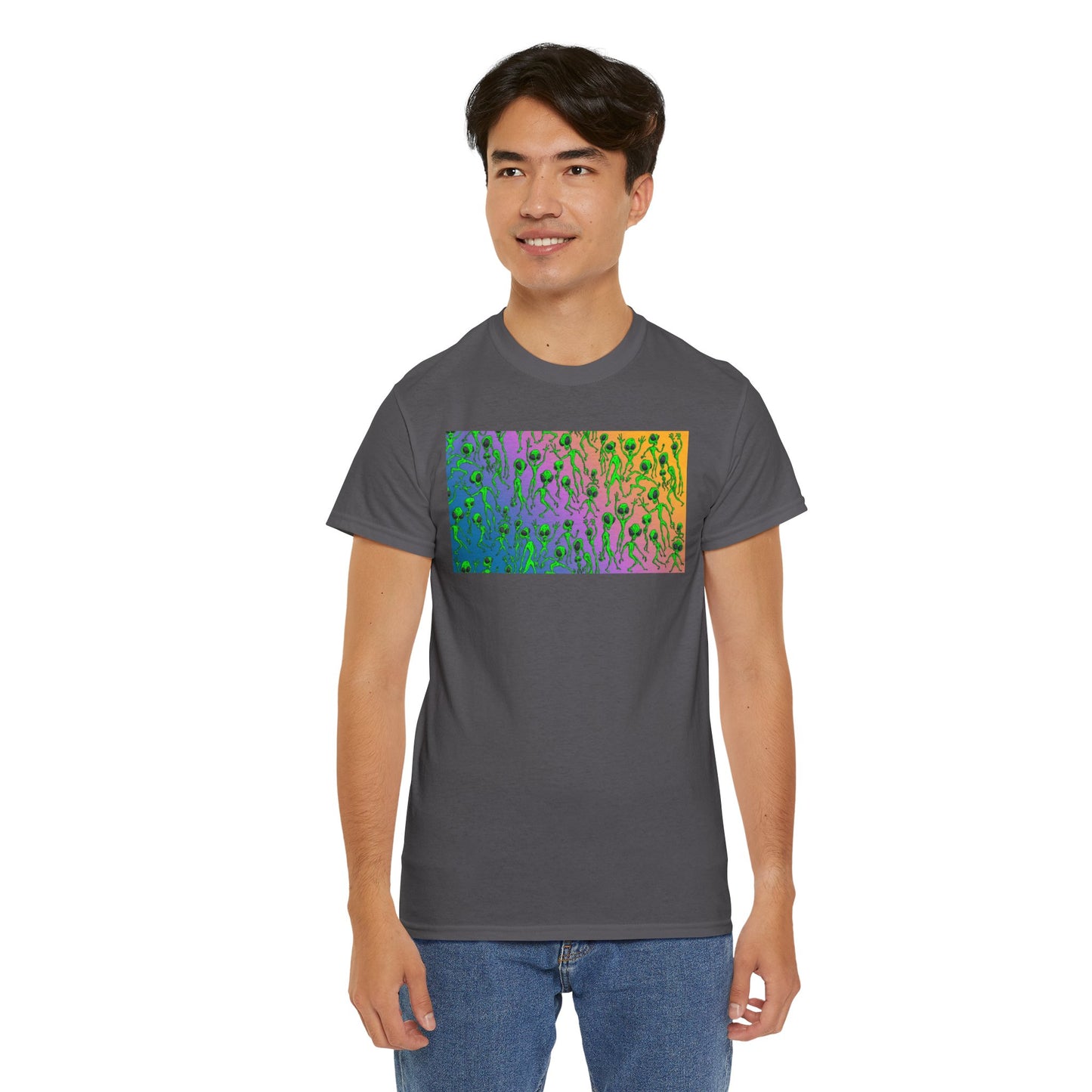 Alien Dance Party Gradient Tee — Colorful Psychedelic Green Aliens Art T-Shirt