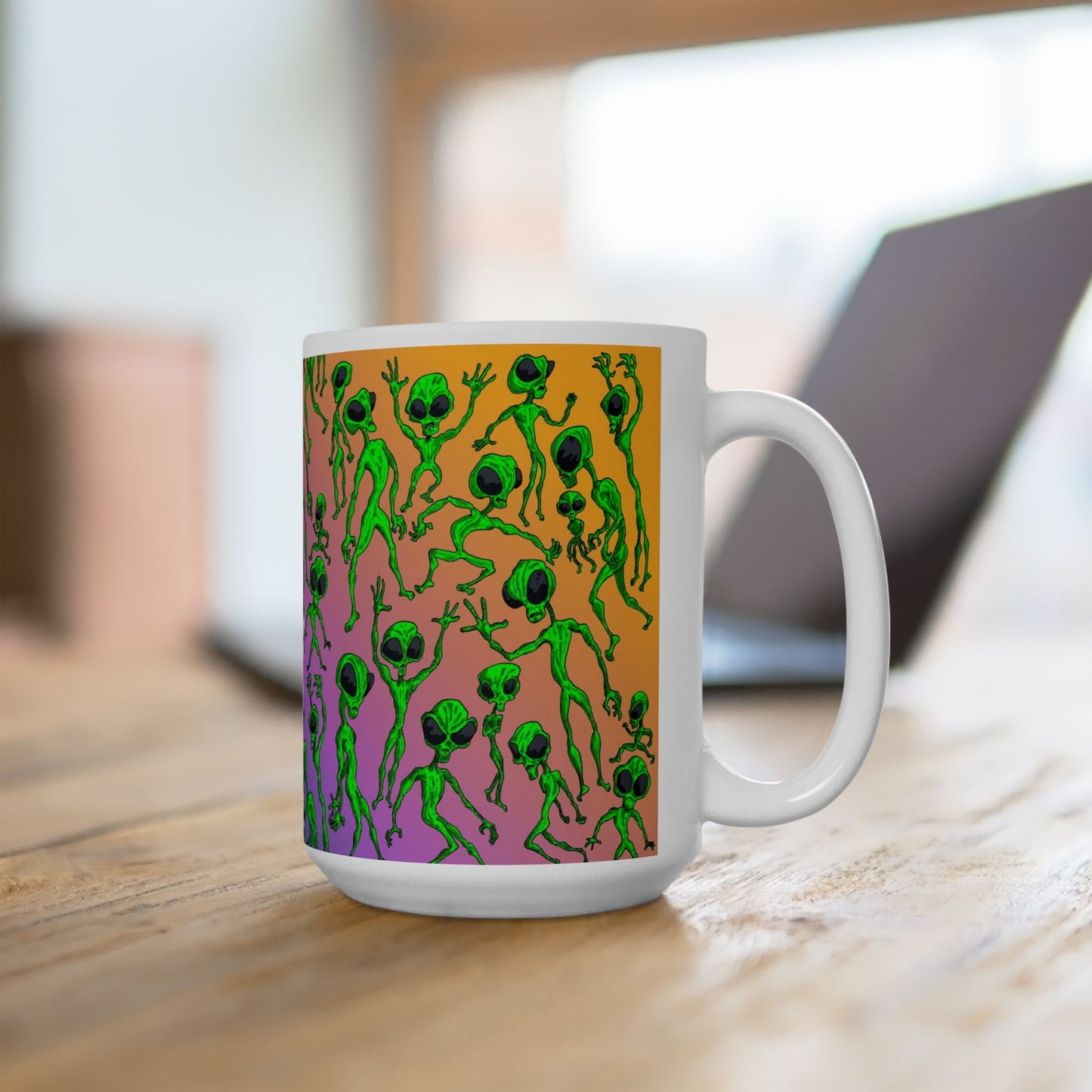 Alien Dance Party Ceramic Mug — Colorful Psychedelic Green Aliens (11oz & 15oz)
