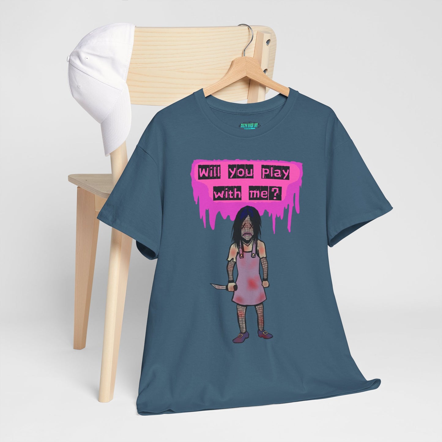 Playful Evil Doll Horror Graphic Tee, Unisex Heavy Cotton Shirt, Casual Wear, Unique Gift, Halloween Costume, Quirky Fashion