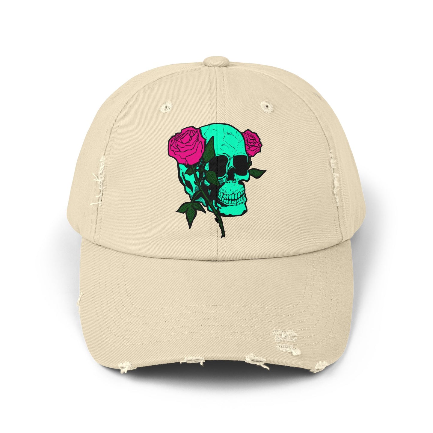 Trendy Distressed Skull Cap with Roses