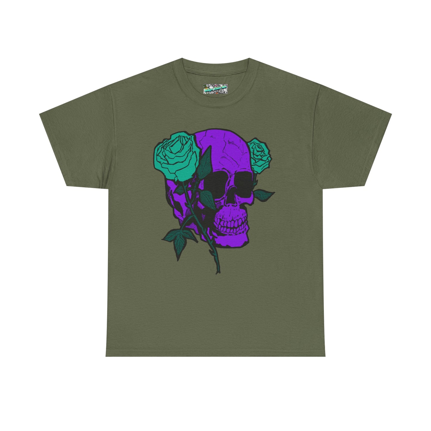 Skull & Rose Tee — Purple Skull with Turquoise Roses Graphic T-Shirt