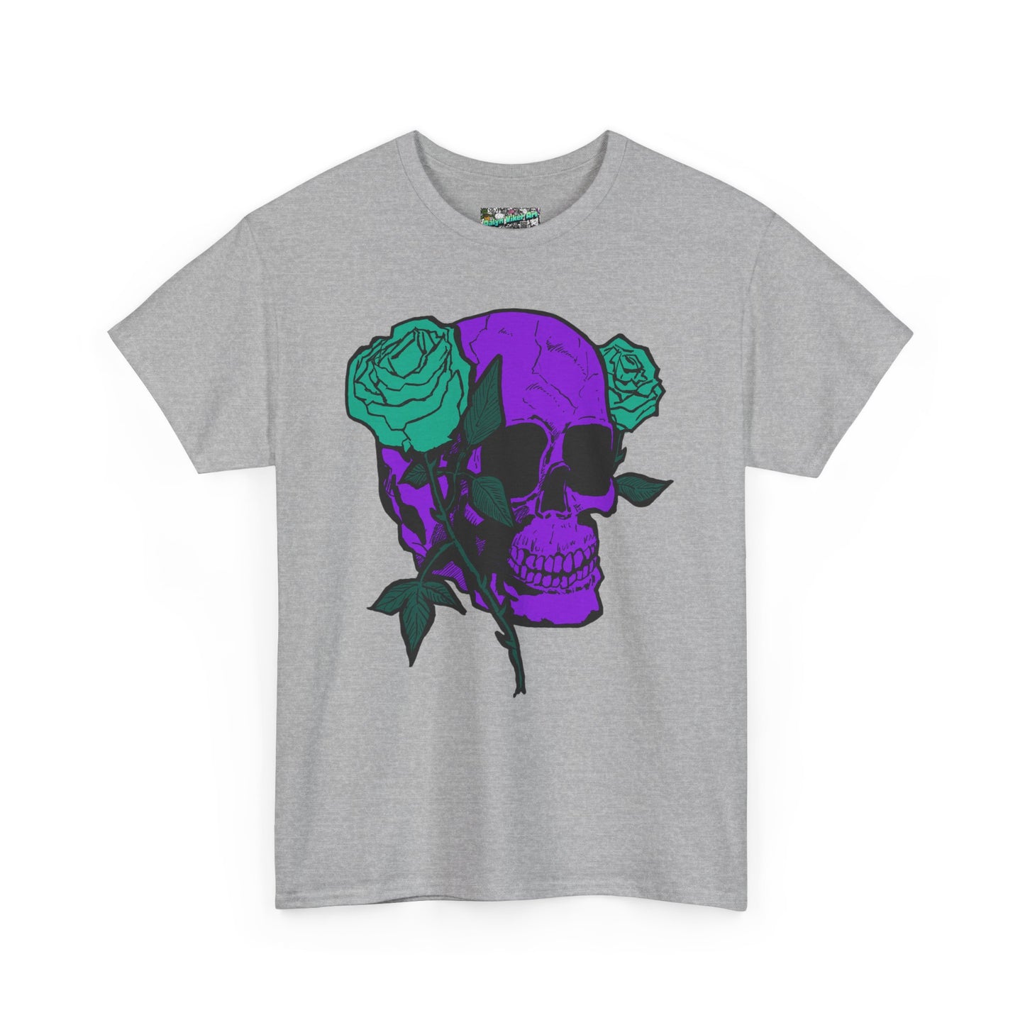 Skull & Rose Tee — Purple Skull with Turquoise Roses Graphic T-Shirt