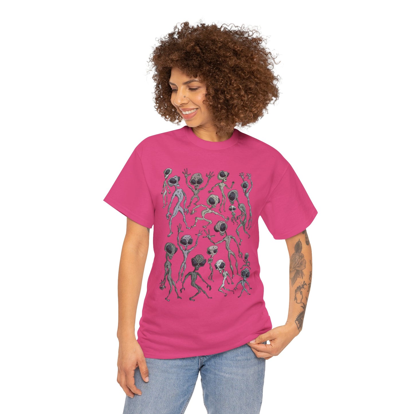 Funky Alien Dance Party Tee, Unisex Heavy Cotton Shirt, Fun Graphic Tee, Casual Wear for Parties, Unique Gift for Alien Lovers