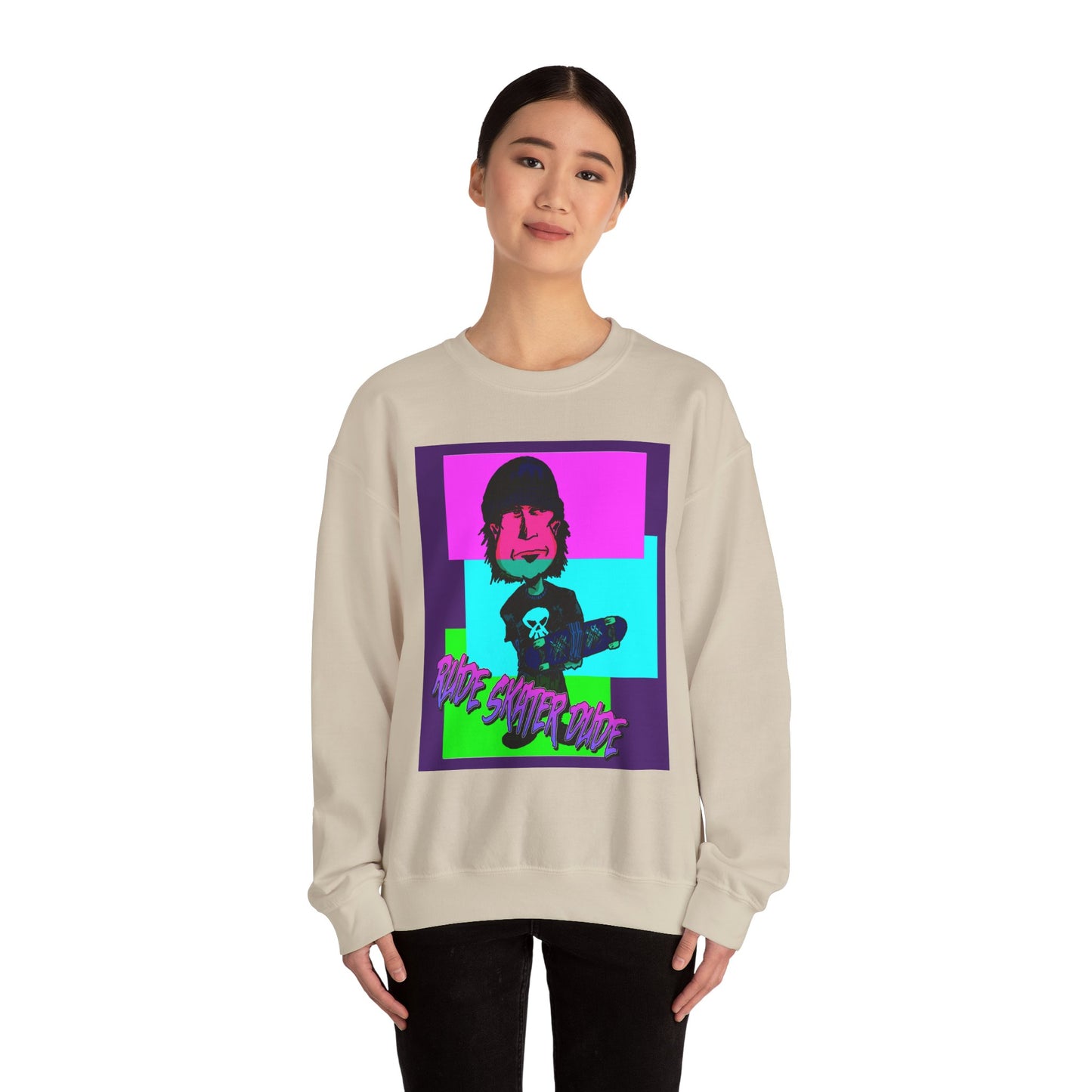 Crewneck Sweatshirt — Retro Neon Skate Punk "Rude Skater Dude" Graphic