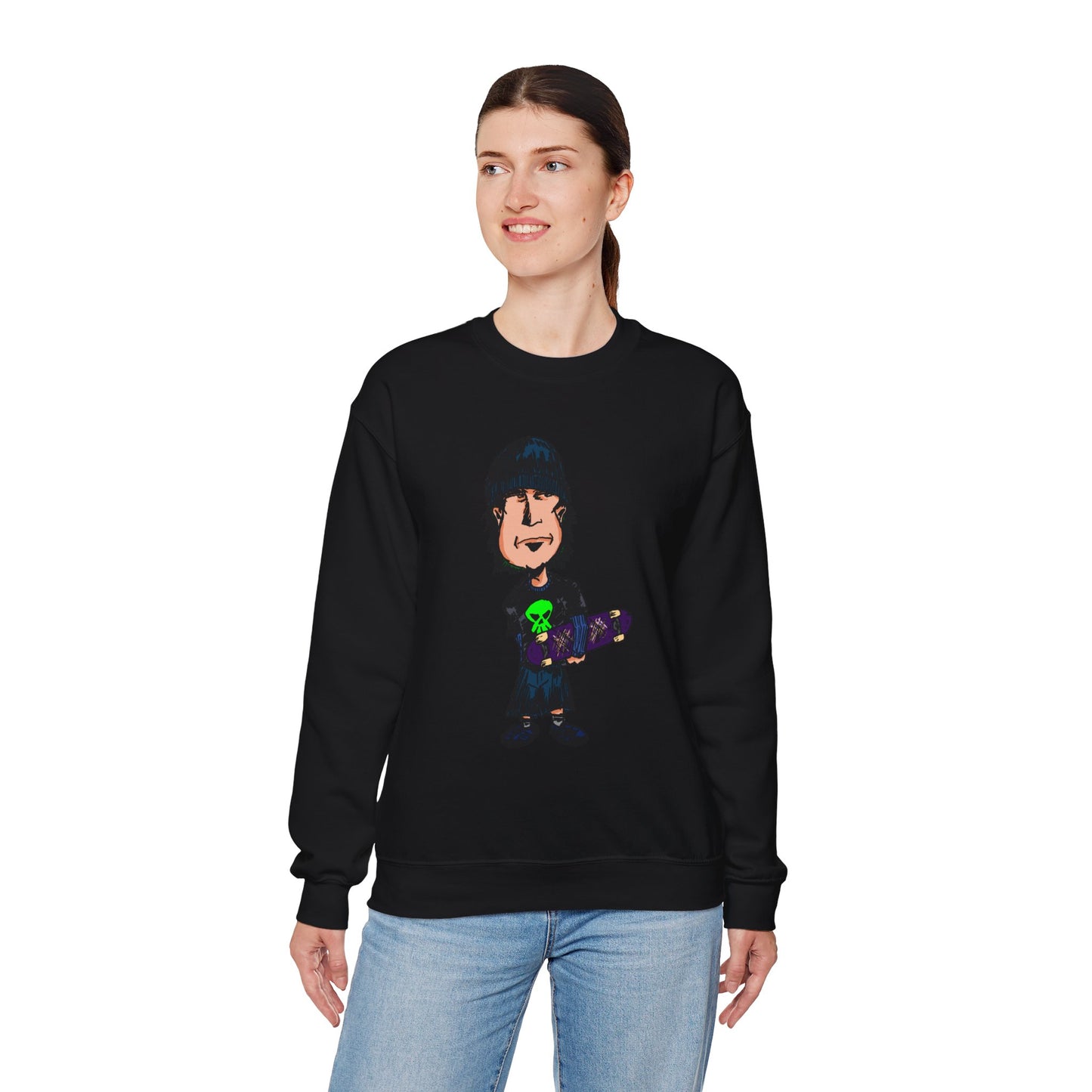 Rude Skater Dude - Cartoon Skate Punk Crewneck Sweatshirt — Retro Skateboard Character Graphic