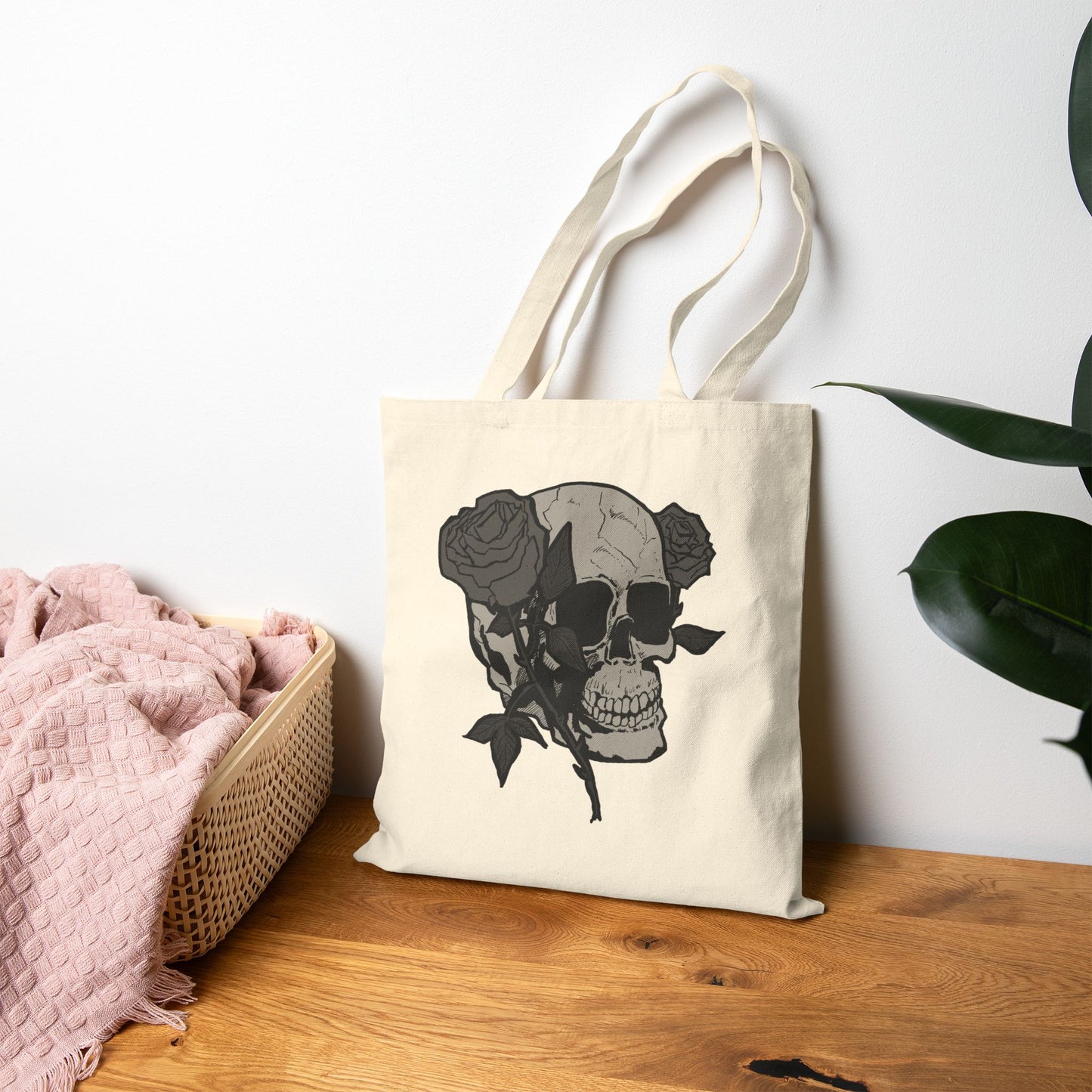 Skull with Roses Canvas Tote Bag — Gothic Floral Reusable Market Bag