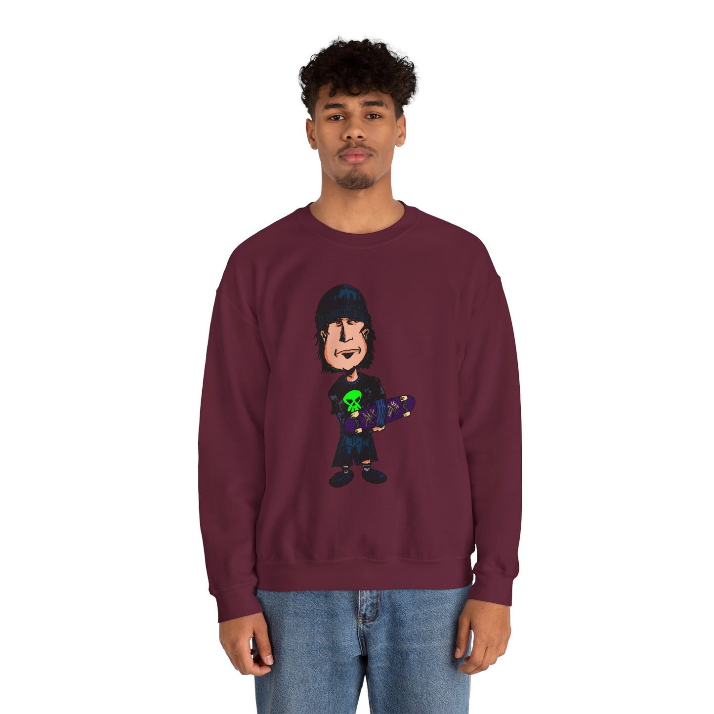 Rude Skater Dude - Cartoon Skate Punk Crewneck Sweatshirt — Retro Skateboard Character Graphic