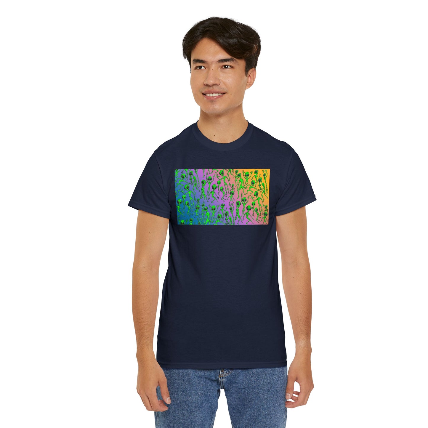 Alien Dance Party Gradient Tee — Colorful Psychedelic Green Aliens Art T-Shirt