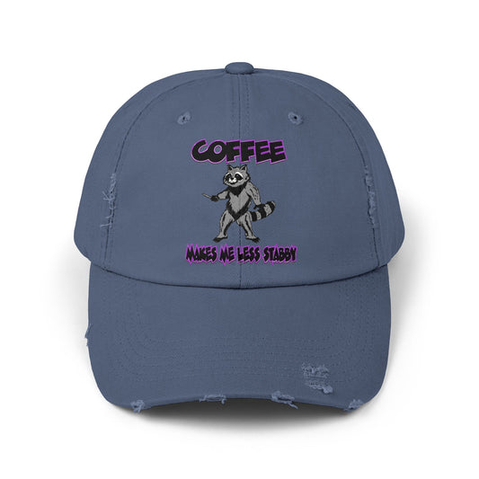 Funny Unisex Distressed Cap - "Coffee Makes Me Less Stabby" - Grumpy Raccoon
