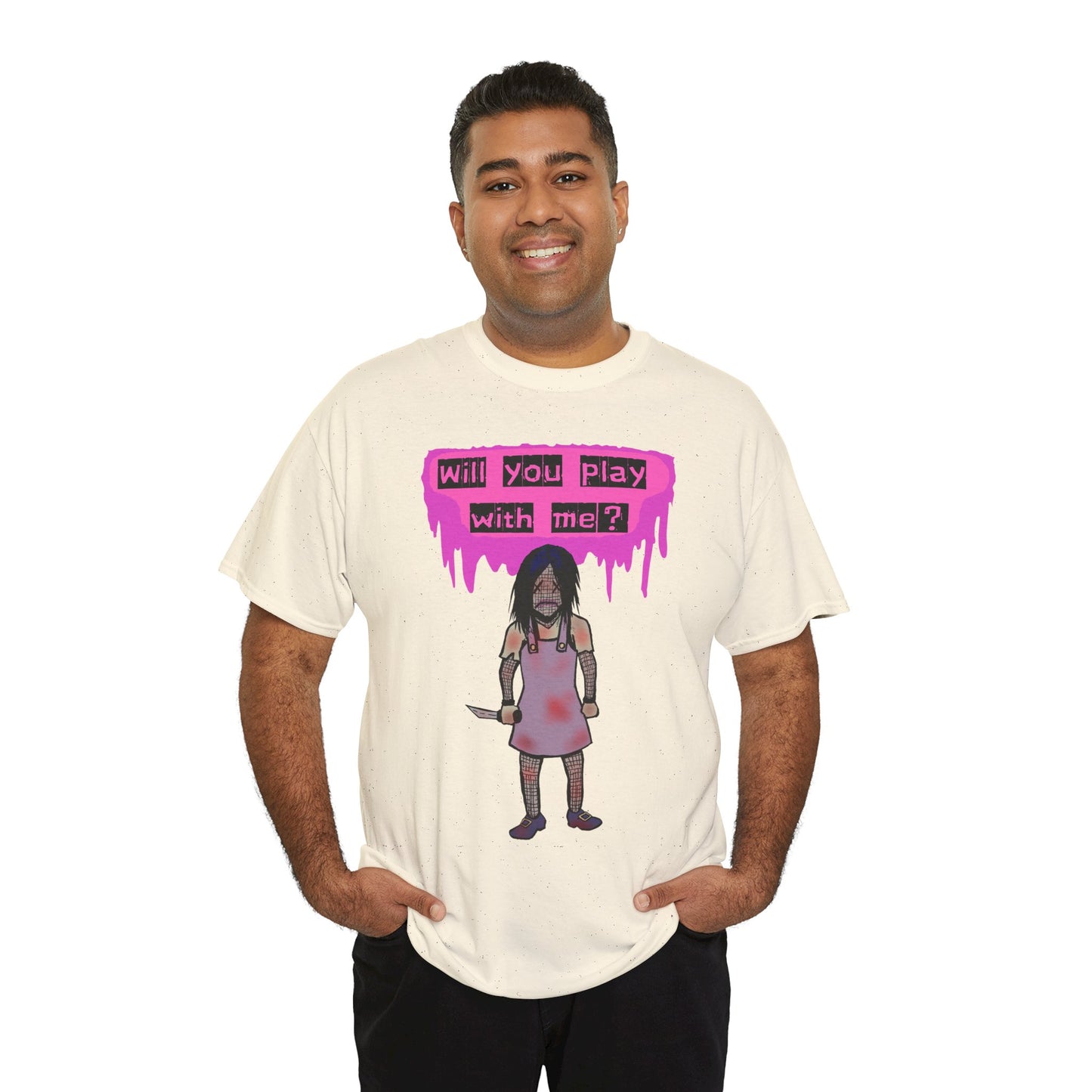Playful Evil Doll Horror Graphic Tee, Unisex Heavy Cotton Shirt, Casual Wear, Unique Gift, Halloween Costume, Quirky Fashion