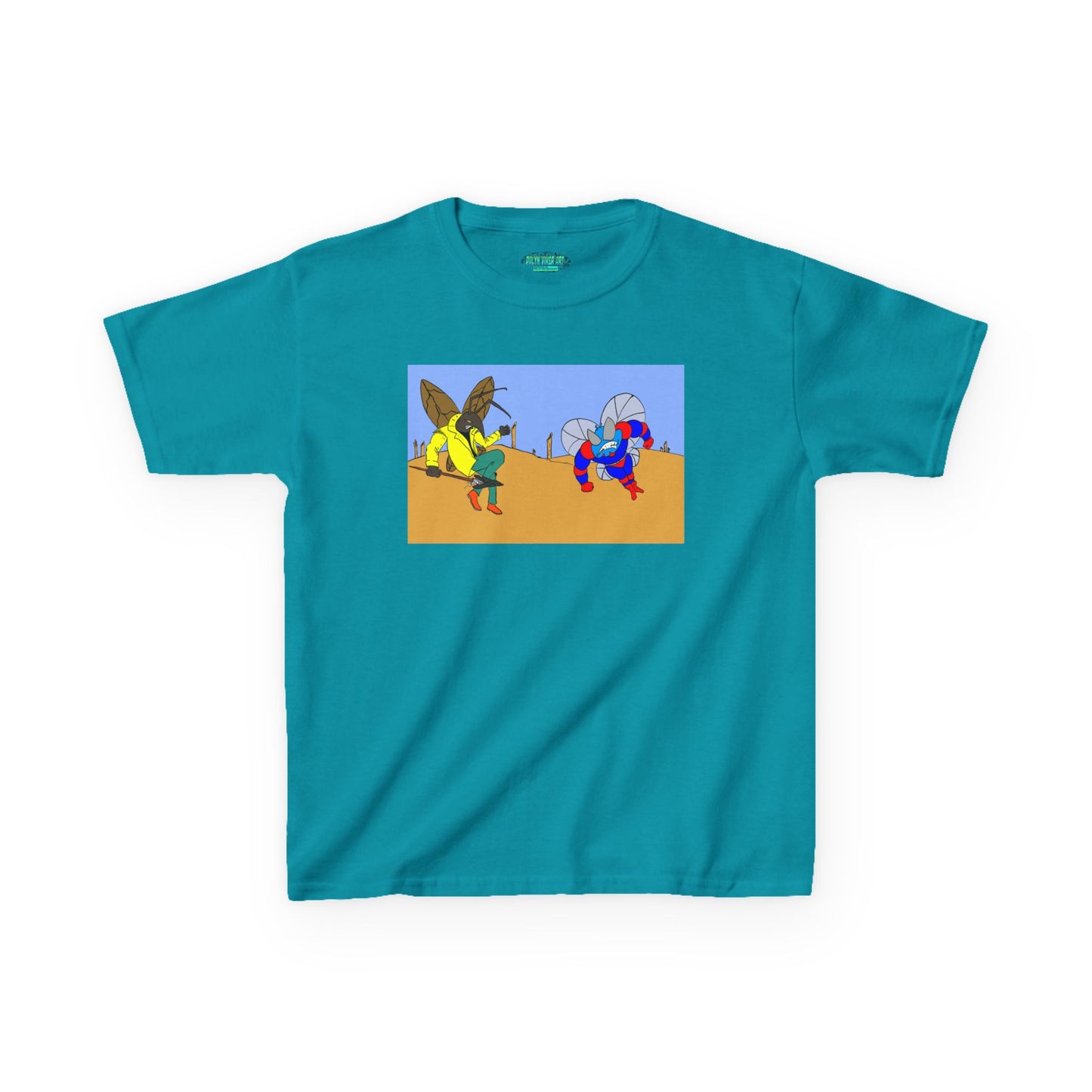 Astro-Fly and Wasp Warrior Kids Tee — Colorful Desert Beetle Cartoon Illustration