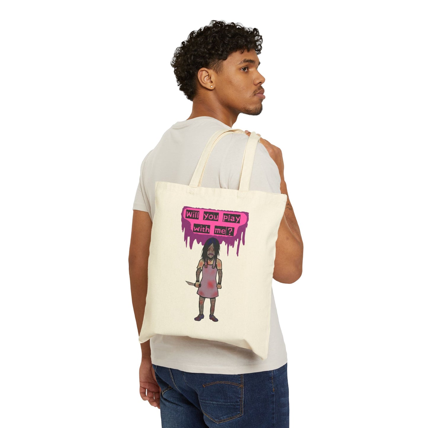 Tote Bag — 'Will You Play With Me?' Horror Creepy Doll Canvas Tote