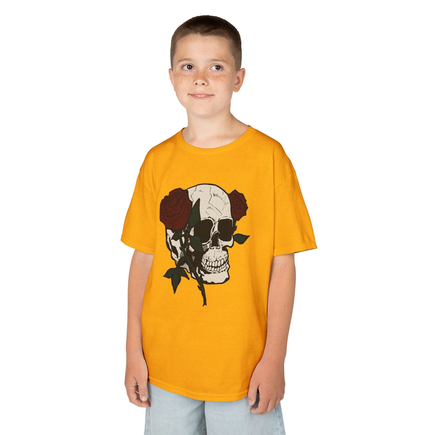 Kids Heavy Cotton Tee - Skull and Roses Graphic Tee for Trendy Kids