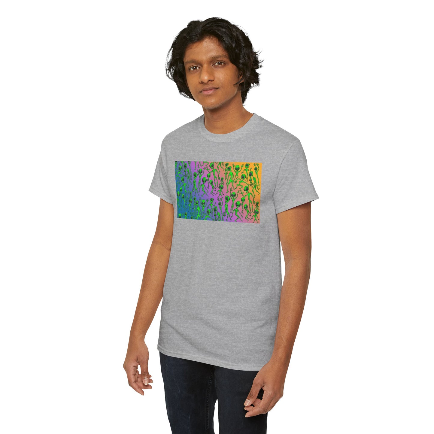Alien Dance Party Gradient Tee — Colorful Psychedelic Green Aliens Art T-Shirt