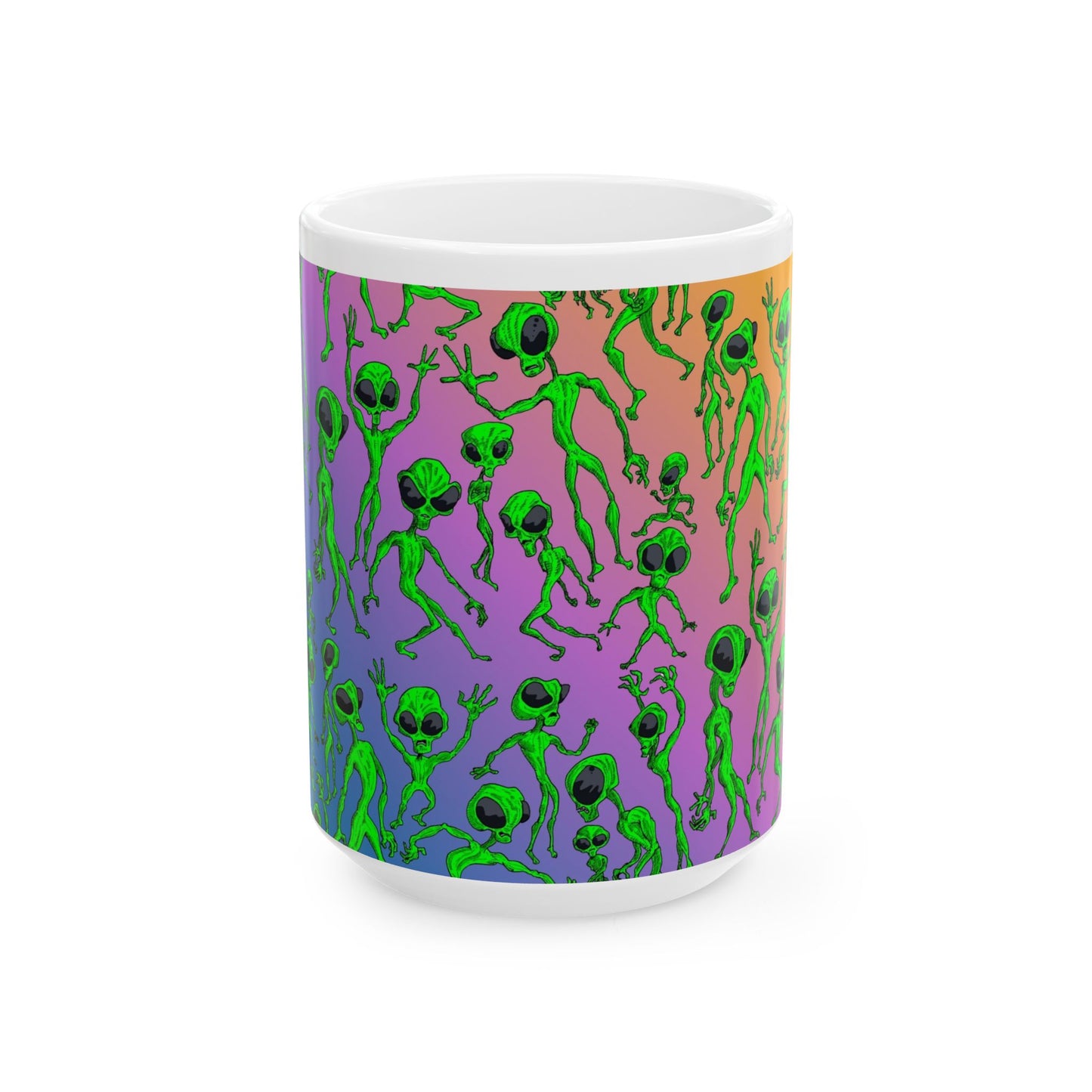 Alien Dance Party Ceramic Mug — Colorful Psychedelic Green Aliens (11oz & 15oz)