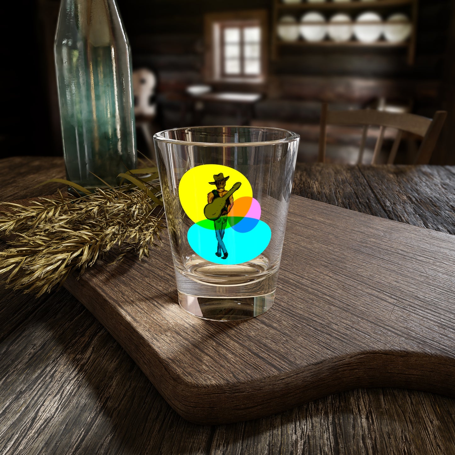 Cowboy Guitarist Shot Glass — Neon Circle Music Shooter (1.5oz)