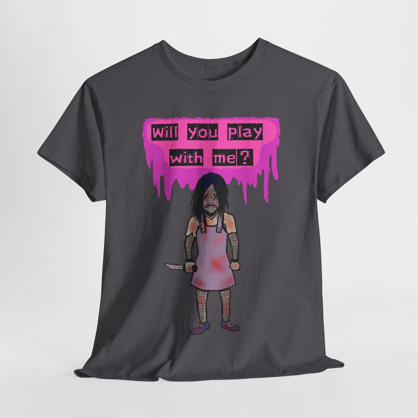 Playful Evil Doll Horror Graphic Tee, Unisex Heavy Cotton Shirt, Casual Wear, Unique Gift, Halloween Costume, Quirky Fashion