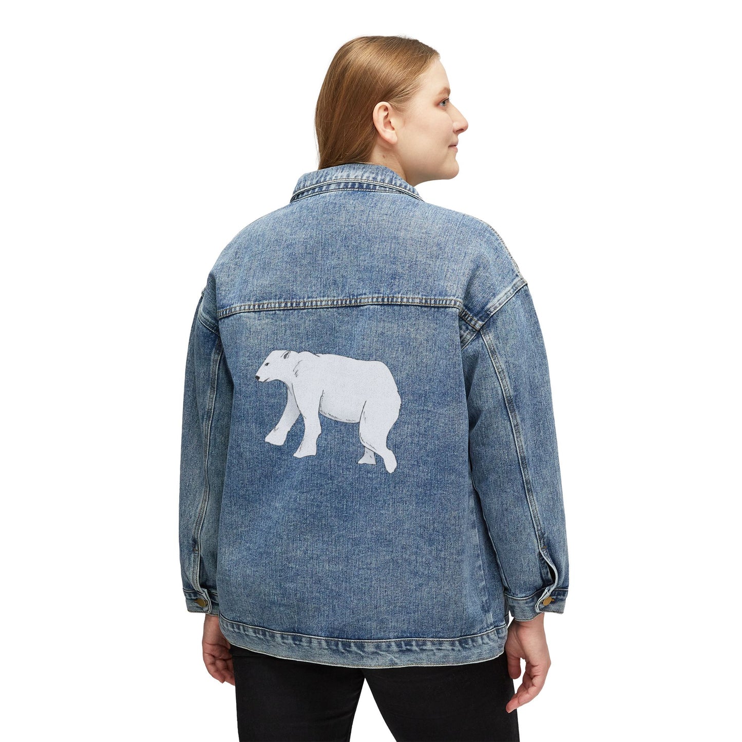 Women's Denim Jacket with White Polar Bear Back Graphic – Casual Vintage Outerwear