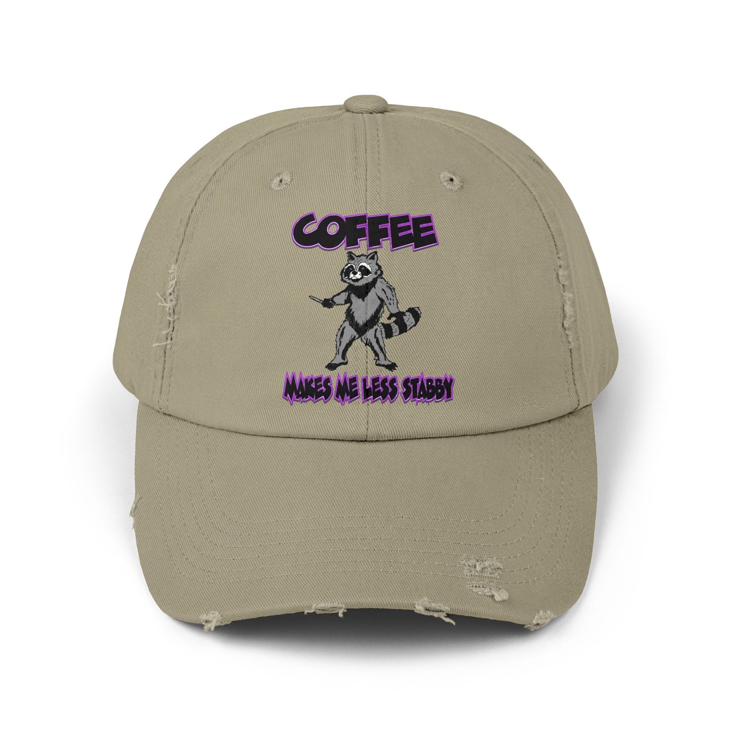 Funny Unisex Distressed Cap - "Coffee Makes Me Less Stabby" - Grumpy Raccoon