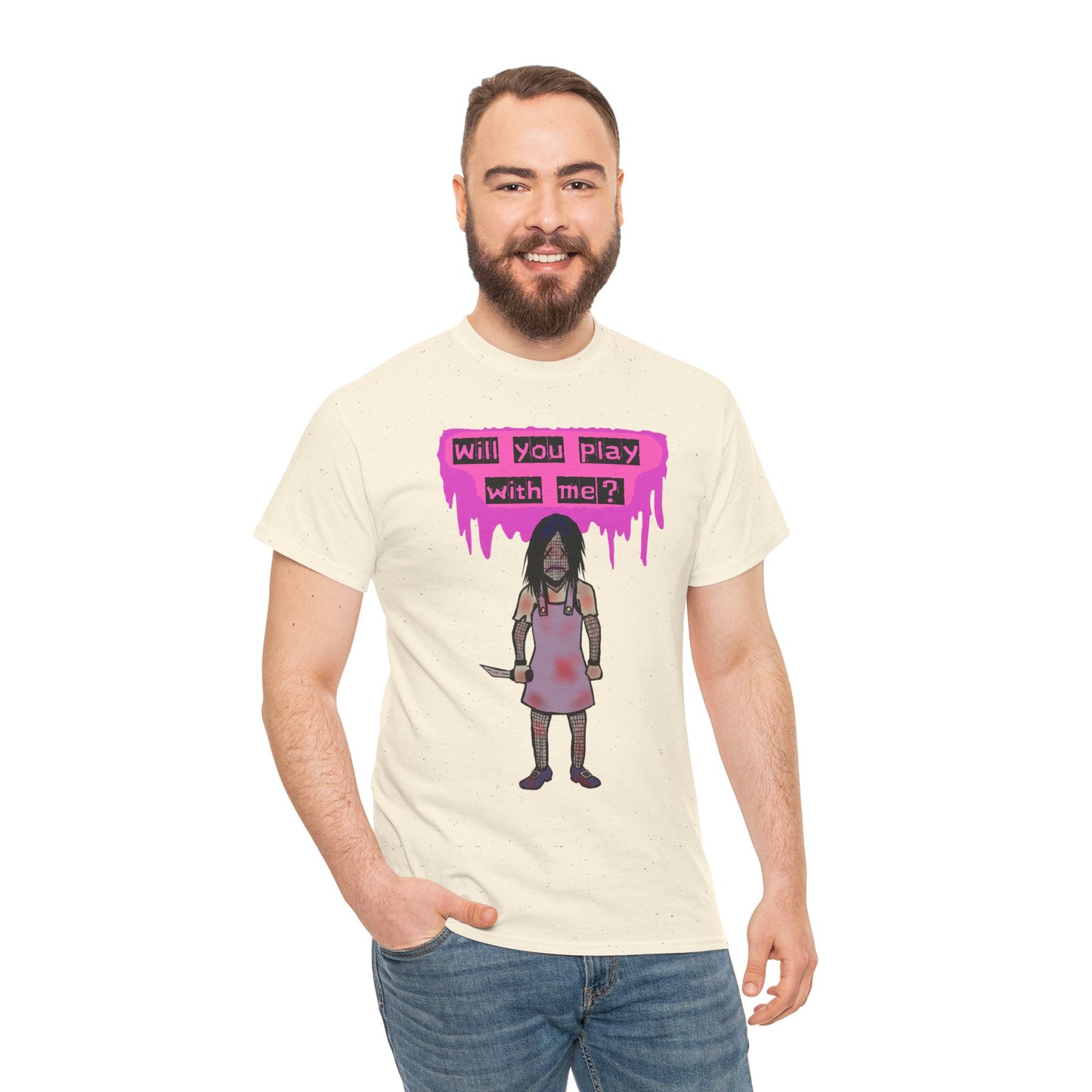 Playful Evil Doll Horror Graphic Tee, Unisex Heavy Cotton Shirt, Casual Wear, Unique Gift, Halloween Costume, Quirky Fashion