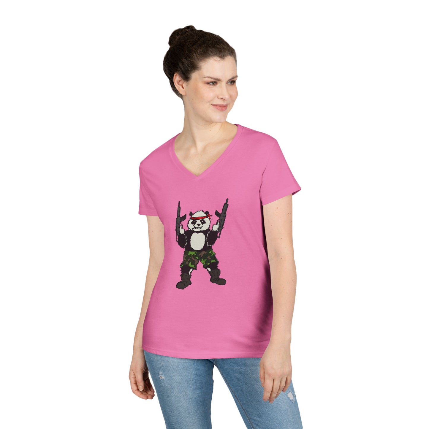 Ladies' V-Neck T-Shirt - Cool Panda with Guns Graphic Tee