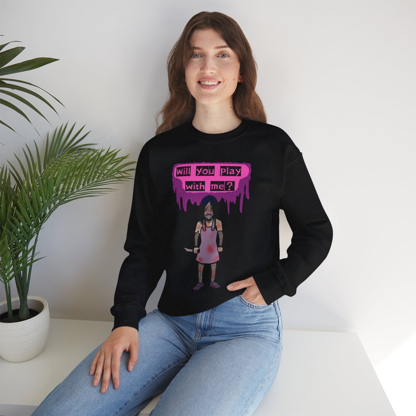 Evil Doll GHOSTLY VINTAGE UNISEX CREWNECK SWEATSHIRT - "Will You Play With Me?"