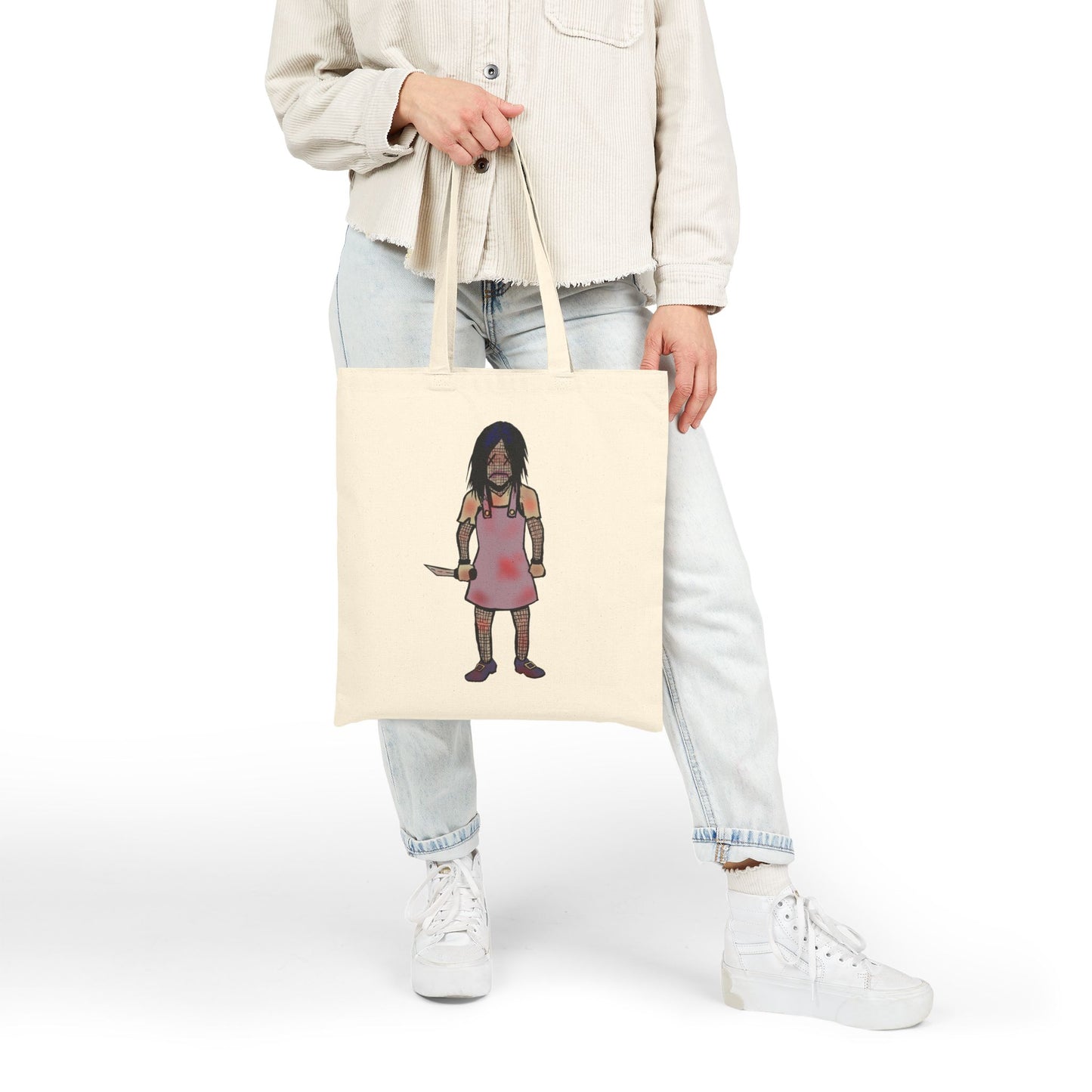 Tote Bag — Cute Grimy Creepy Girl Illustration Canvas Tote (quirky horror, everyday reusable bag)