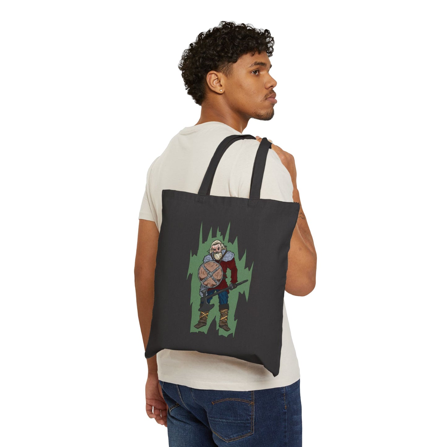 Viking Warrior Canvas Tote Bag – Norse Shield & Axe Graphic Cotton Tote