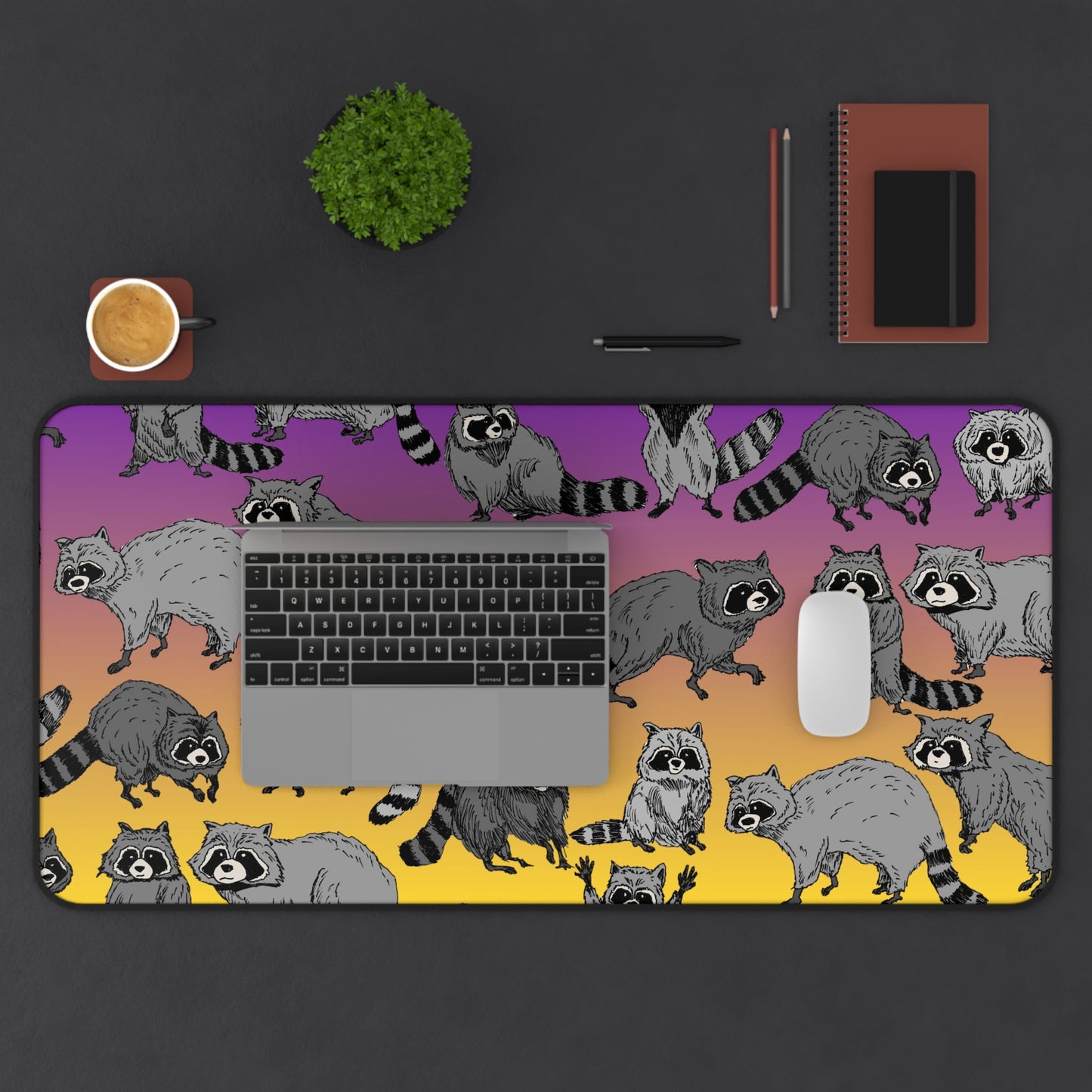 Raccoon Pattern Desk Mat — Gradient Sunset Gaming & Office Mousepad