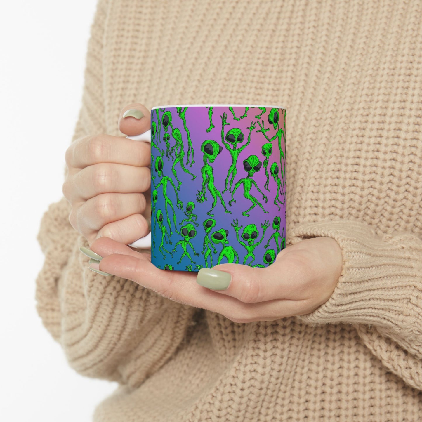 Alien Dance Party Ceramic Mug — Colorful Psychedelic Green Aliens (11oz & 15oz)