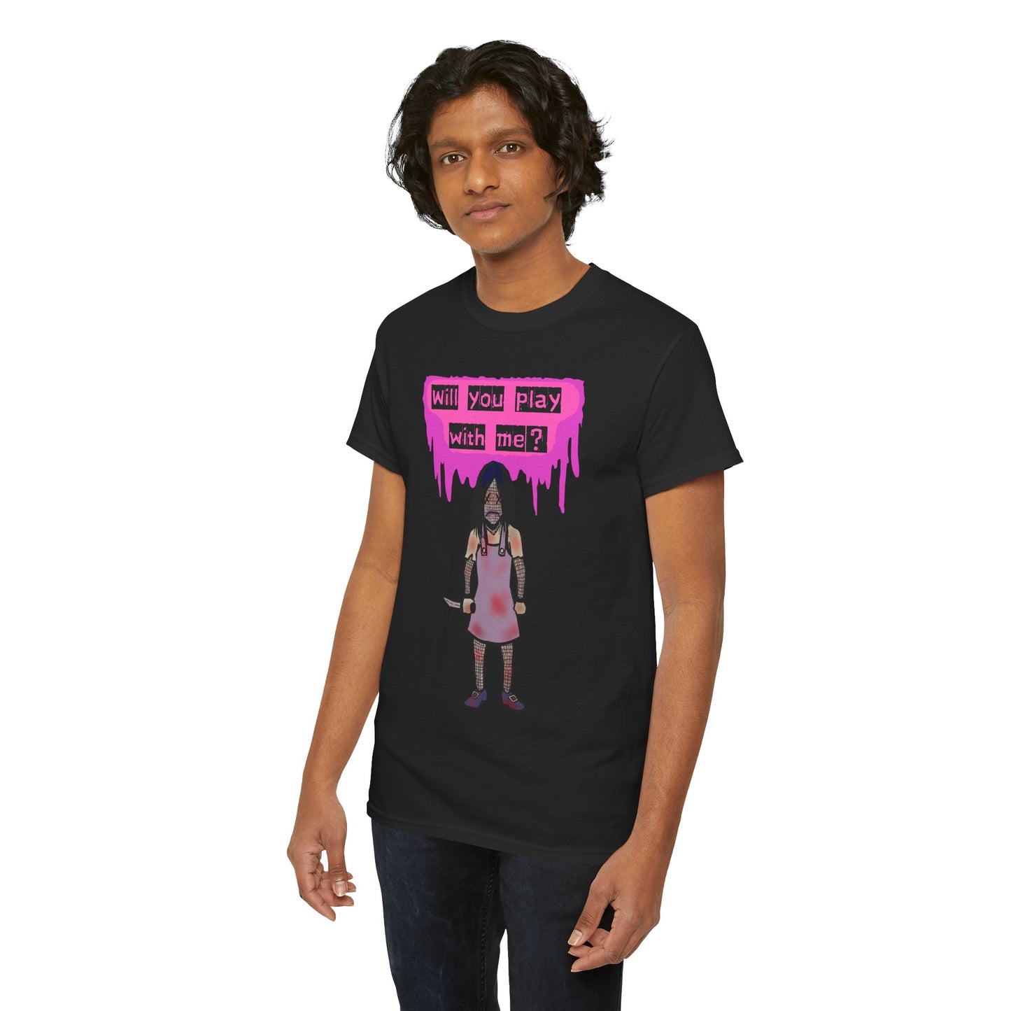 Playful Evil Doll Horror Graphic Tee, Unisex Heavy Cotton Shirt, Casual Wear, Unique Gift, Halloween Costume, Quirky Fashion