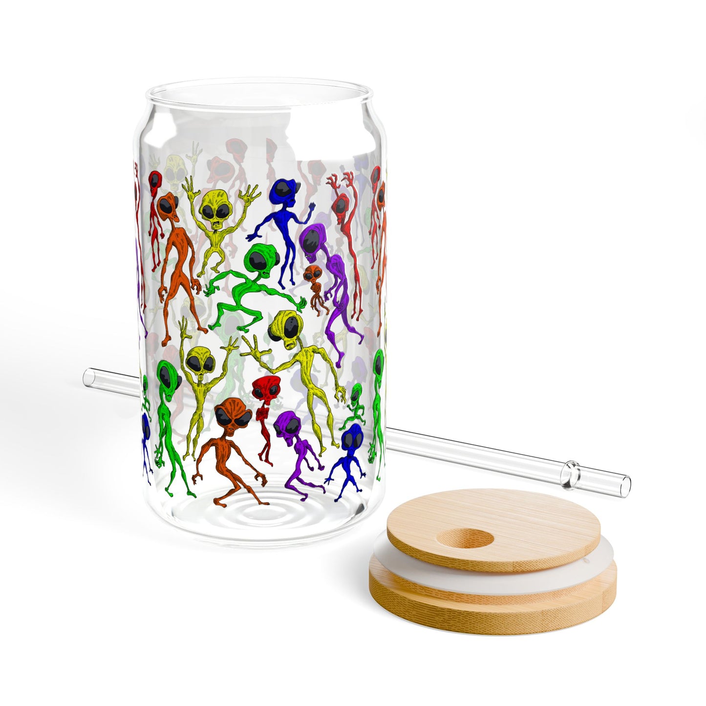 Alien Dance Party Colorful Sipper Glass, 16oz Alien Design, Unique Drinkware, Fun Party Cup, Eco-Friendly Beverage Container, Perfect for Gifts